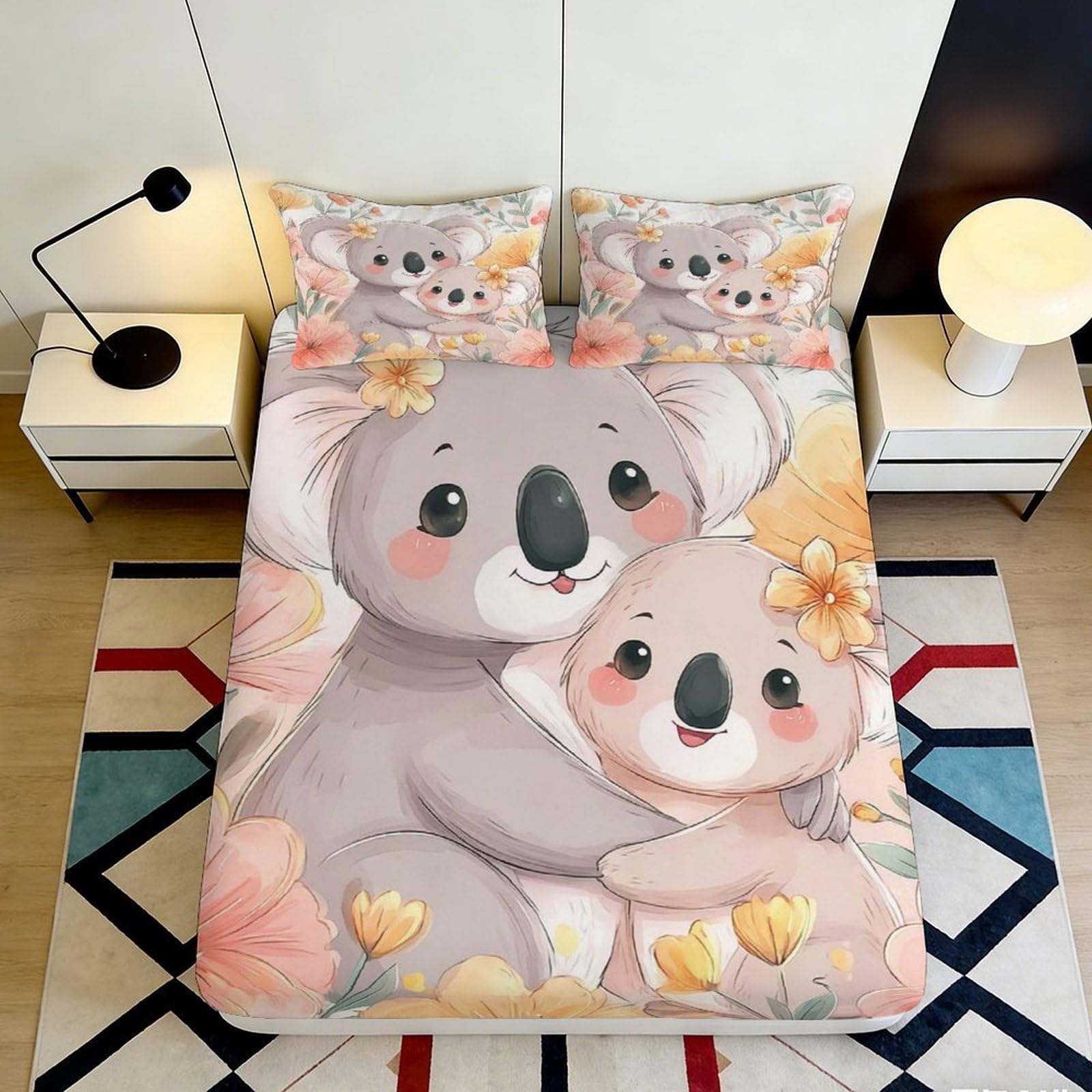 3D Printed Koala Family Fitted Sheet Microfiber Soft Peach Decorative Bed Cover for Bedroom Guest Room Mattress Protection 90x200x25cm