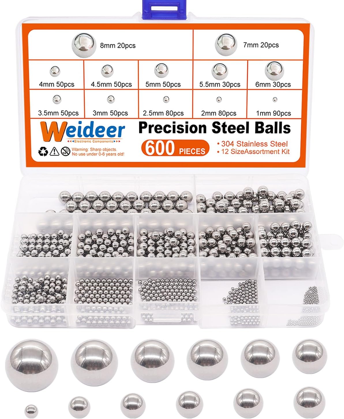 weideer 600pcs 12 Size Stainless Steel Precision Steel Balls 1-8mm Metric Bicycle Bearing Balls Assortment Kit Mixing Balls 1mm 2mm 2.5mm 3mm 3.5mm 4mm 4.5mm 5mm 5.5mm 6mm 7mm 8mm K-085-600