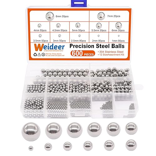 weideer 600 piezas 12 Tamaños Bolas de Acero de Precisión de Acero Inoxidable 1-8mm Kit de Mezcla de Bolas de Rodamientos de Bicicleta 1mm 2mm 2.5mm