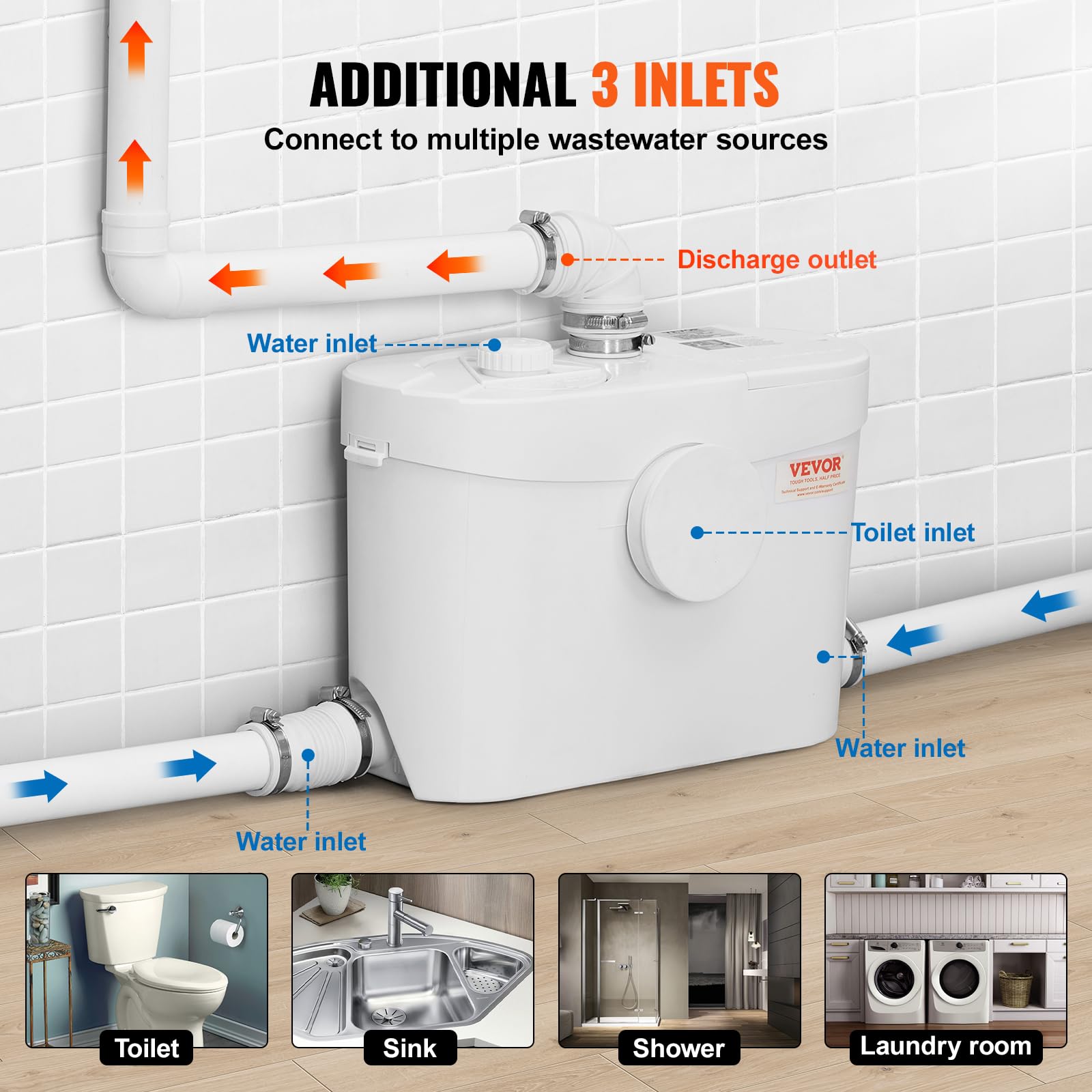 VEVOR Sistema de trituración para inodoro con bomba trituradora de 700 W, desagüe trasero de inodoro con desagüe hacia arriba para sótano, eliminación de agua de doble drenaje, kit de trituración de