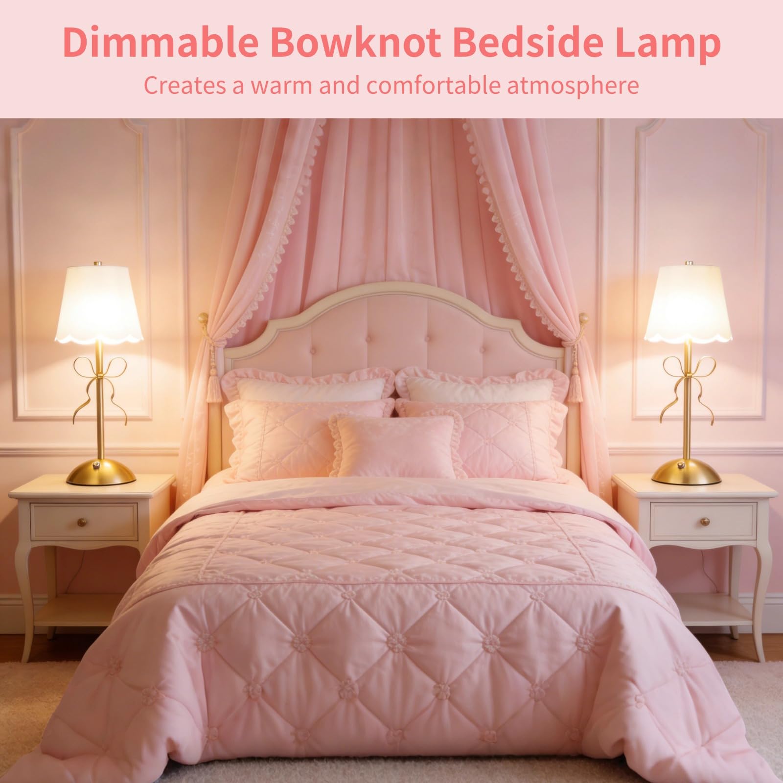 2 szt. lampki nocne z kokardą, ładowalna lampa stołowa LED ze sterowaniem dotykowym, klosz tkaniny, złoty metalowy łuk światła z 3 trybami kolorów, bezstopniowe ściemnianie do szafki nocnej w