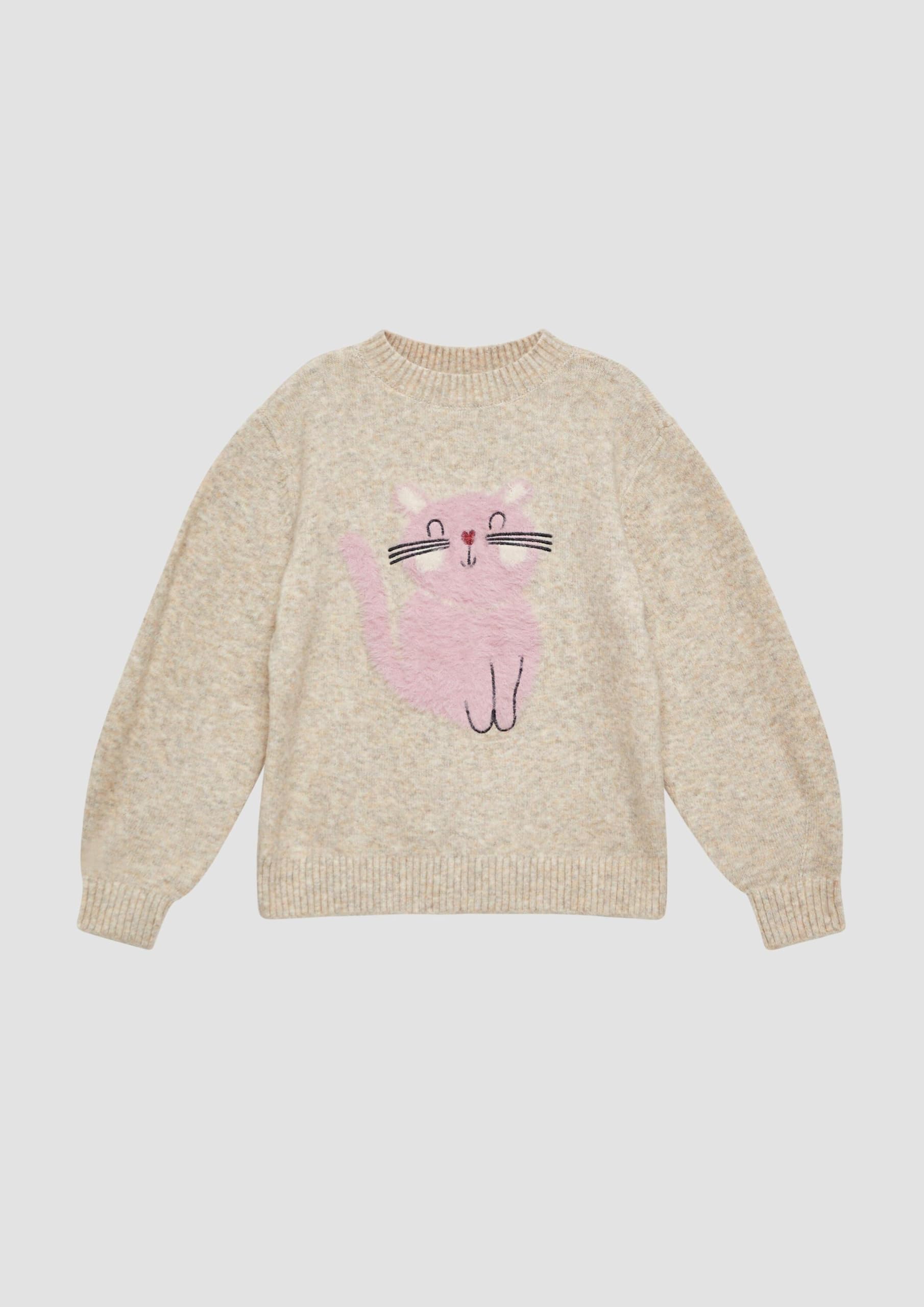 s.Oliver Kuscheliger Loose-Fit-Strickpullover mit Katzen-Artwork