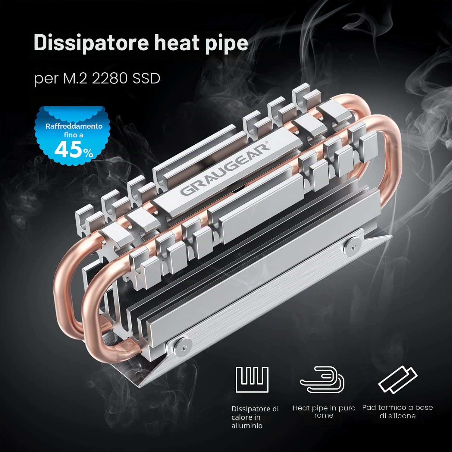 GRAUGEAR M.2 2280 NVMe SATA Dissipatore di calore SSD, Tubo di calore Direct Touch, doppio tubo di calore in rame, design a piastra-pinna in lega di alluminio, altezza 3,4 cm