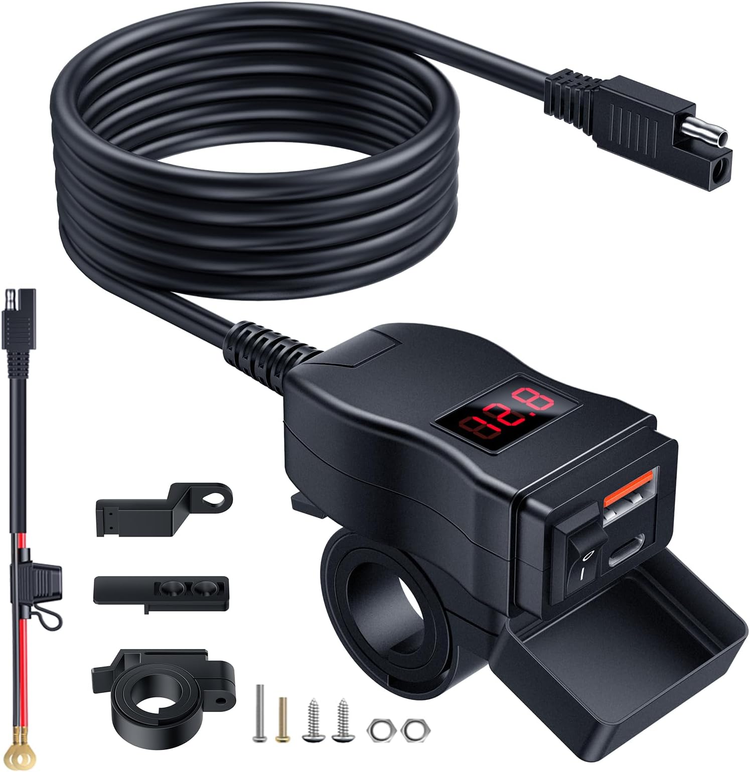 EXTRACTME Motorcycle USB Charger, Dual USB Type C PD & Quick Charge 3.0 Motorcycle Phone Charger with Voltmeter & ON/Off Switch, Waterproof Motorcycle Accessories for All Phone, Tablet, GPS