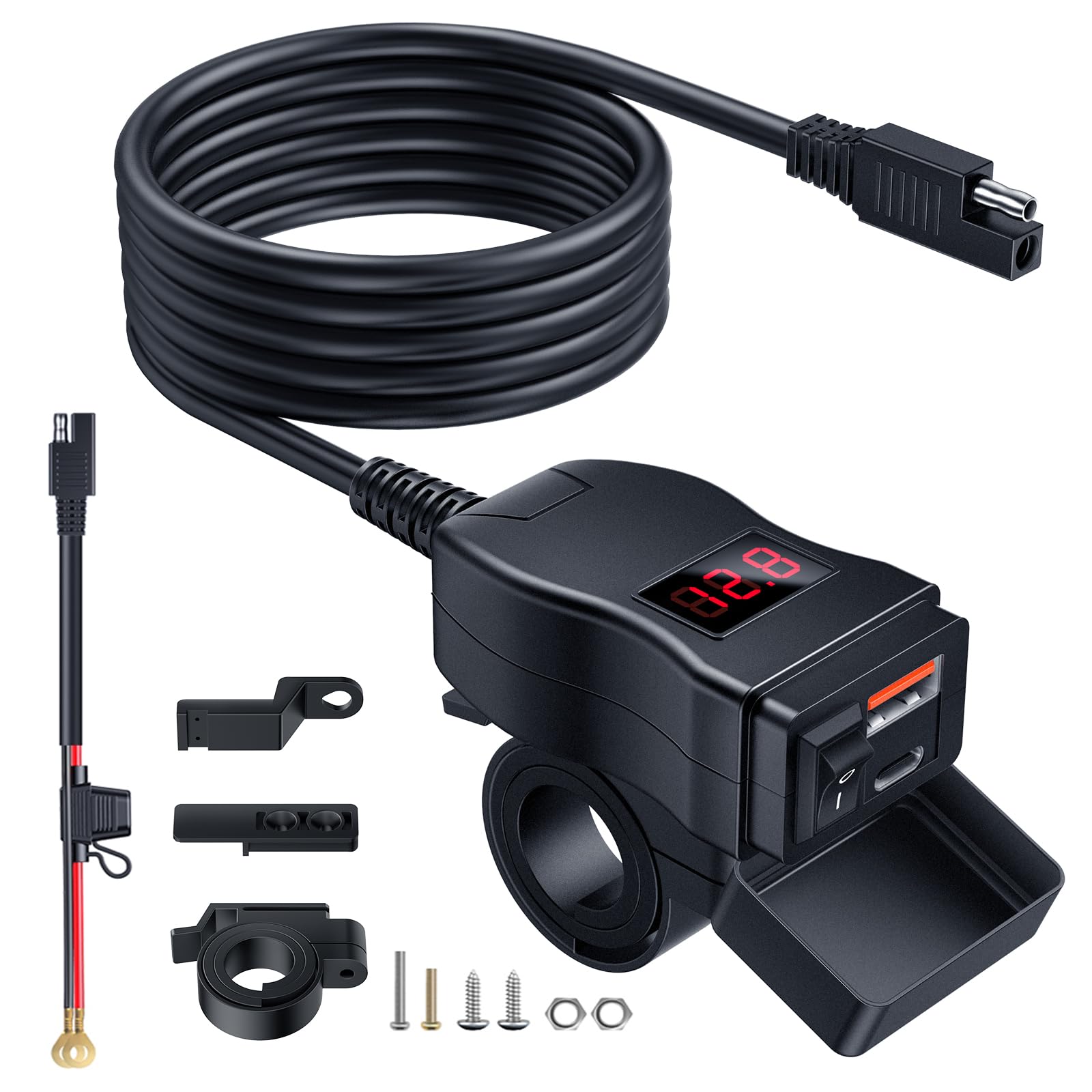 EXTRACTME Motorcycle USB Charger, Dual USB Type C PD & Quick Charge 3.0 Motorcycle Phone Charger with Voltmeter & ON/Off Switch, Waterproof Motorcycle Accessories for All Phone, Tablet, GPS