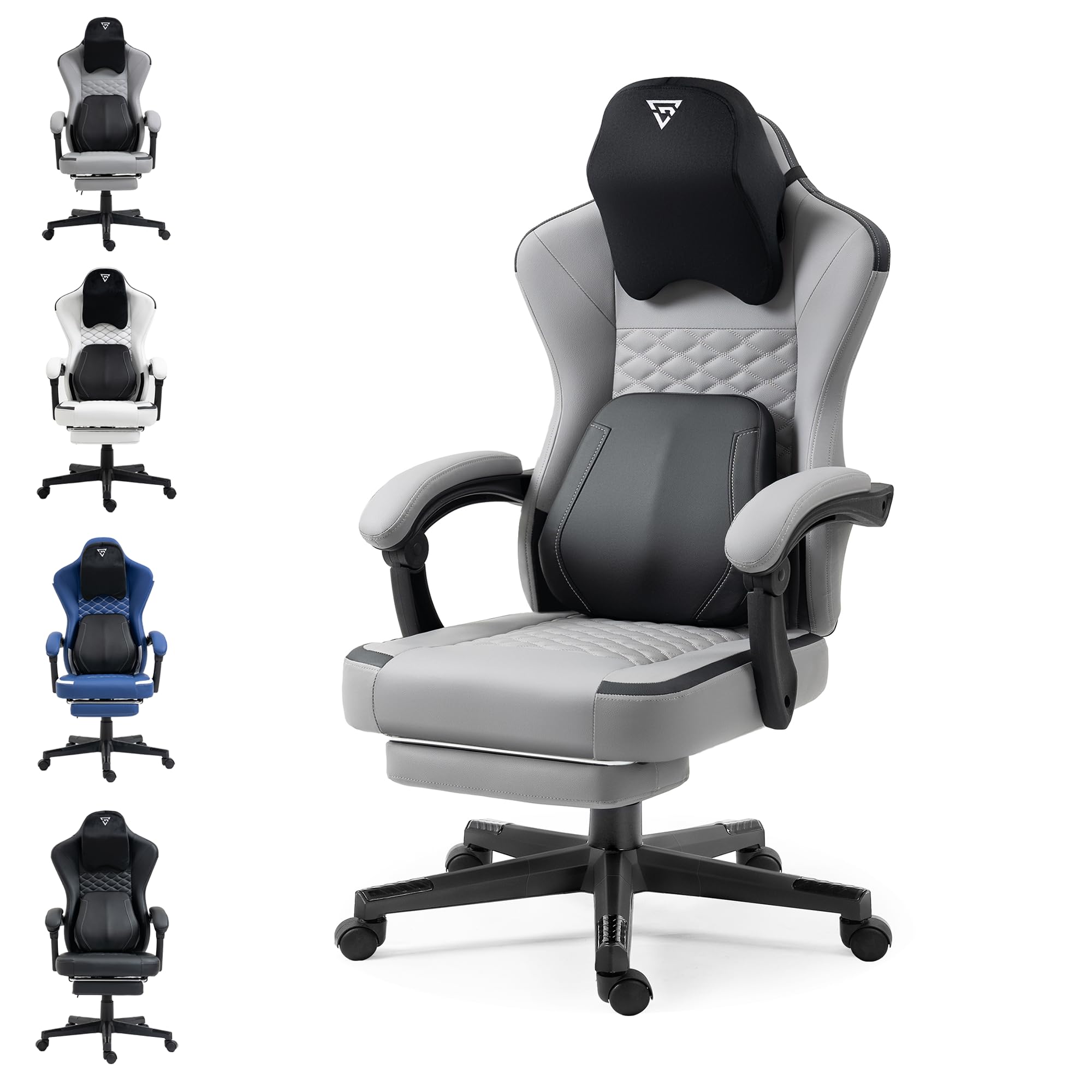 Silla de gaming con soporte lumbar de masaje calentado, silla ergonómica para gaming con cojín de muelles ensacados y reposapiés, gris