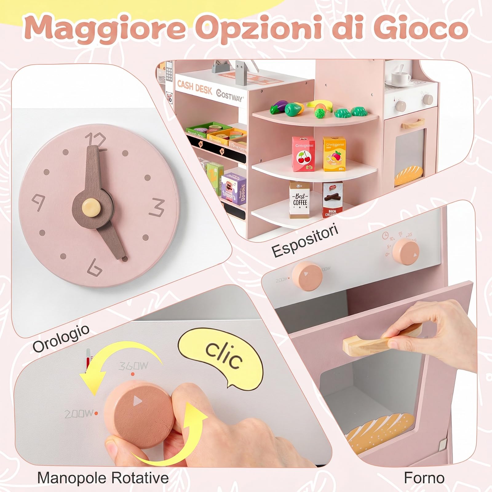 COSTWAY Mercato Giocattolo per Bambini, Negozio Giocattolo in Legno (Rosa) | con Cassa, Macchina Caffè e Distributore Automatico, Banco Mercato Giocattolo con Scaffali e 30 Accessori, per Bambini 3+ Ann