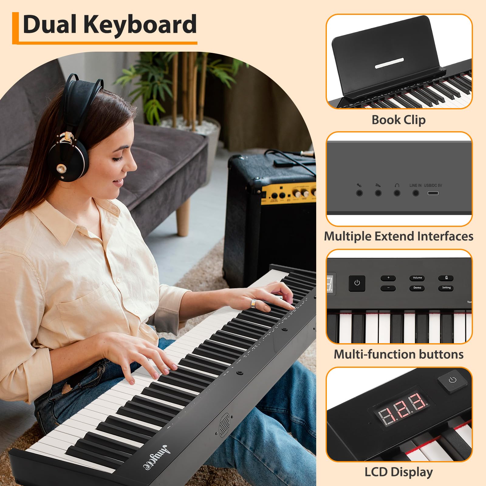 88 Key Portable Electric Semi-Weighted Keyboard Piano for Beginners and Professionals with Power Supply, Pedal, and Built-In Speakers,No Stand Included