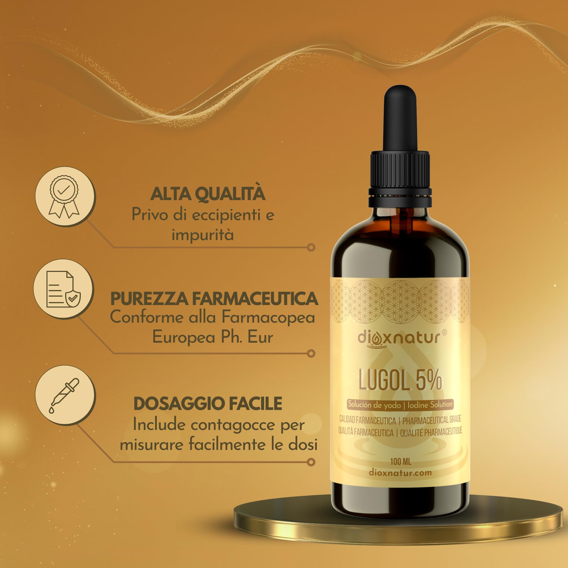 Soluzione di Lugol 5% di qualità farmaceutica 100ml | Gocce di iodio liquido e ioduro di potassio con pipetta dosatrice precisa