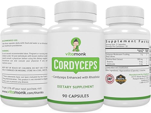 Miniatura 9 de VitaMonk Cordyceps - Cápsulas de hongos con Rhodiola, 0.18 onzas de hongo Cordyceps mejorado con Rhodiola - Aumenta la energía, combate el estrés,