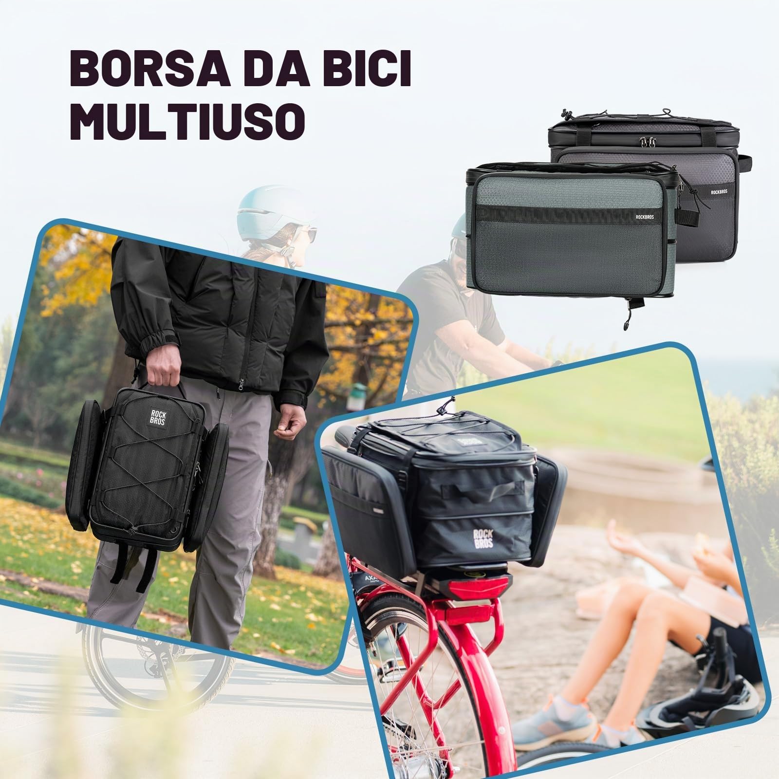 ROCKBROS Road to Sky Borsa Bici Posteriori Pieghevole, 15L Borsa Portapacchi Bici Posteriore Multifunzionale con 2 Borse Laterali per Ciclismo, Viaggiare, MTB, Gravel, Strada, Nero, Grigio