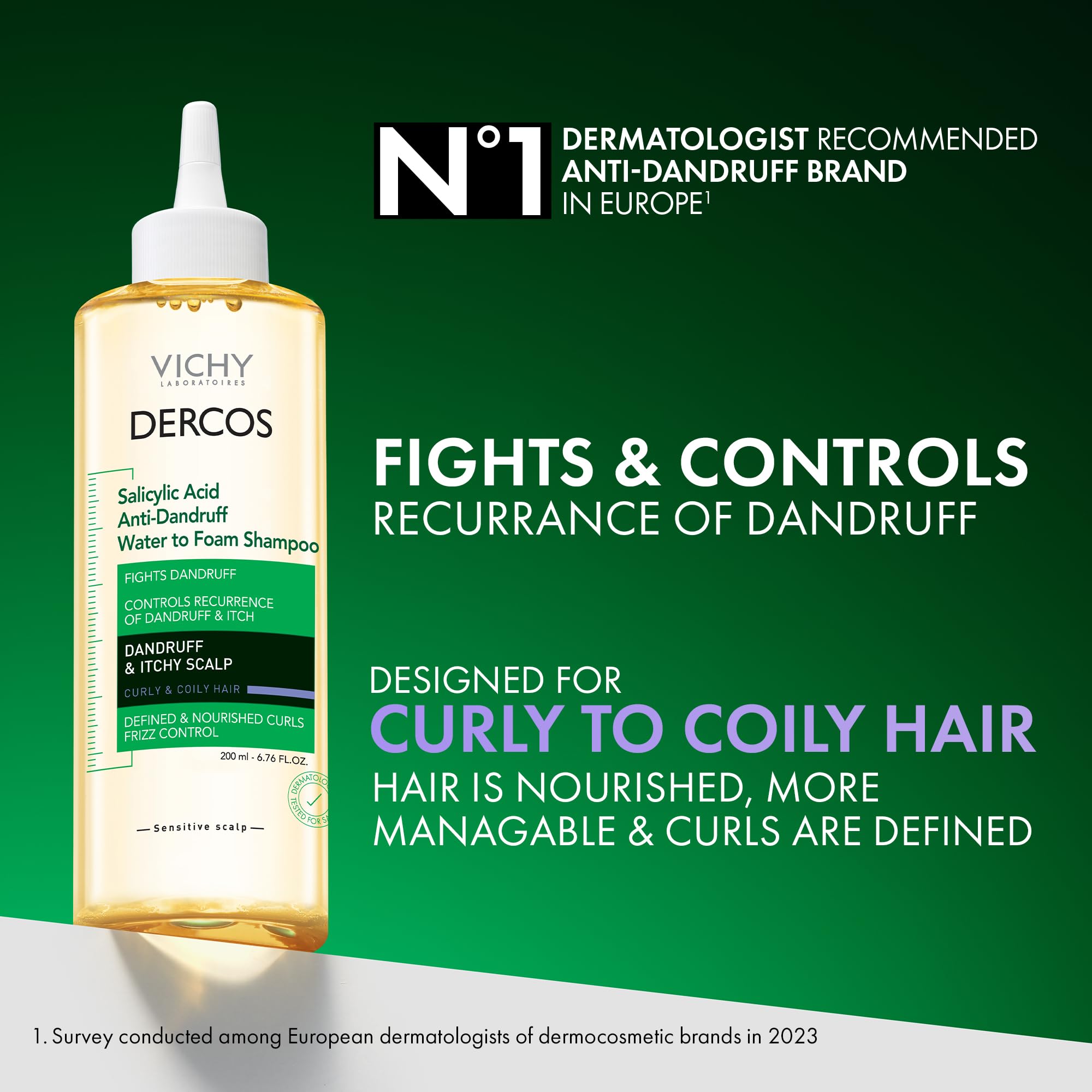 Dercos Salicylic Acid Anti Dandruff Shampoo, 200 ml, Water to Foam Dandruff Shampoo and Itchy Scalp Treatment, Provides Definition & Frizz Control for Curly Hair Types, Sulfate Free
