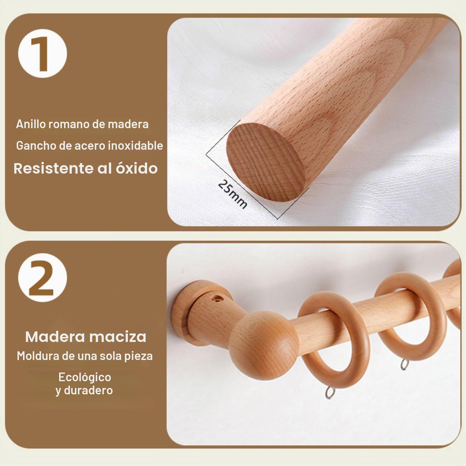 Barra Cortina Madera de Haya | Ecológica, Silenciosa y Duradera | Varilla Simple con Montaje Lateral | Ideal para Salas, Dormitorios, Cocinas y Comedores(140 cm (2 Brackets))