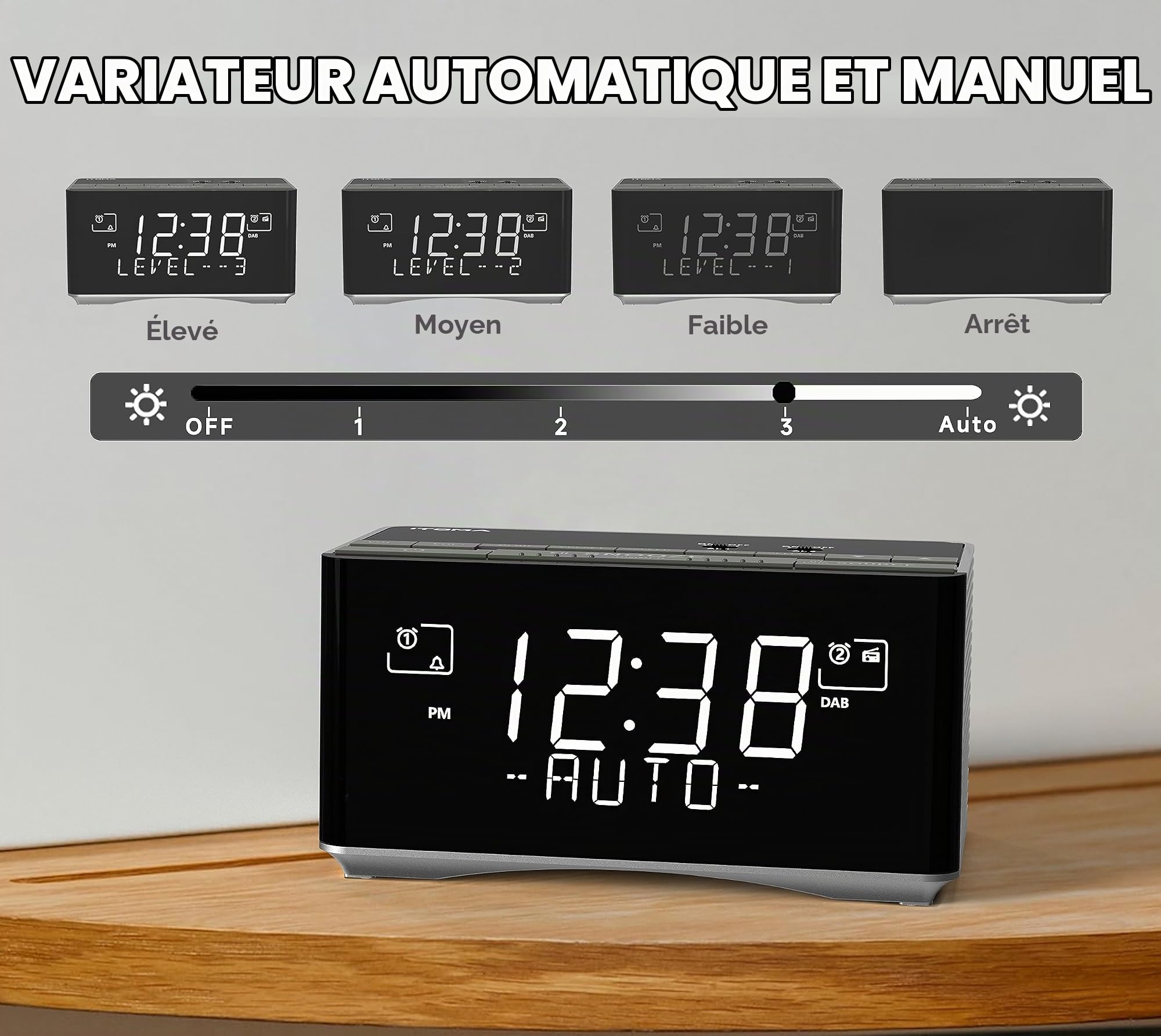 iTOMA Réveil Radio FM et Dab/Dab+ avec Port de Charge USB, Haut - Parleur stéréo Bluetooth, Prise Casque, Double Alarme, Snooze, écran LCD dimmable 3501