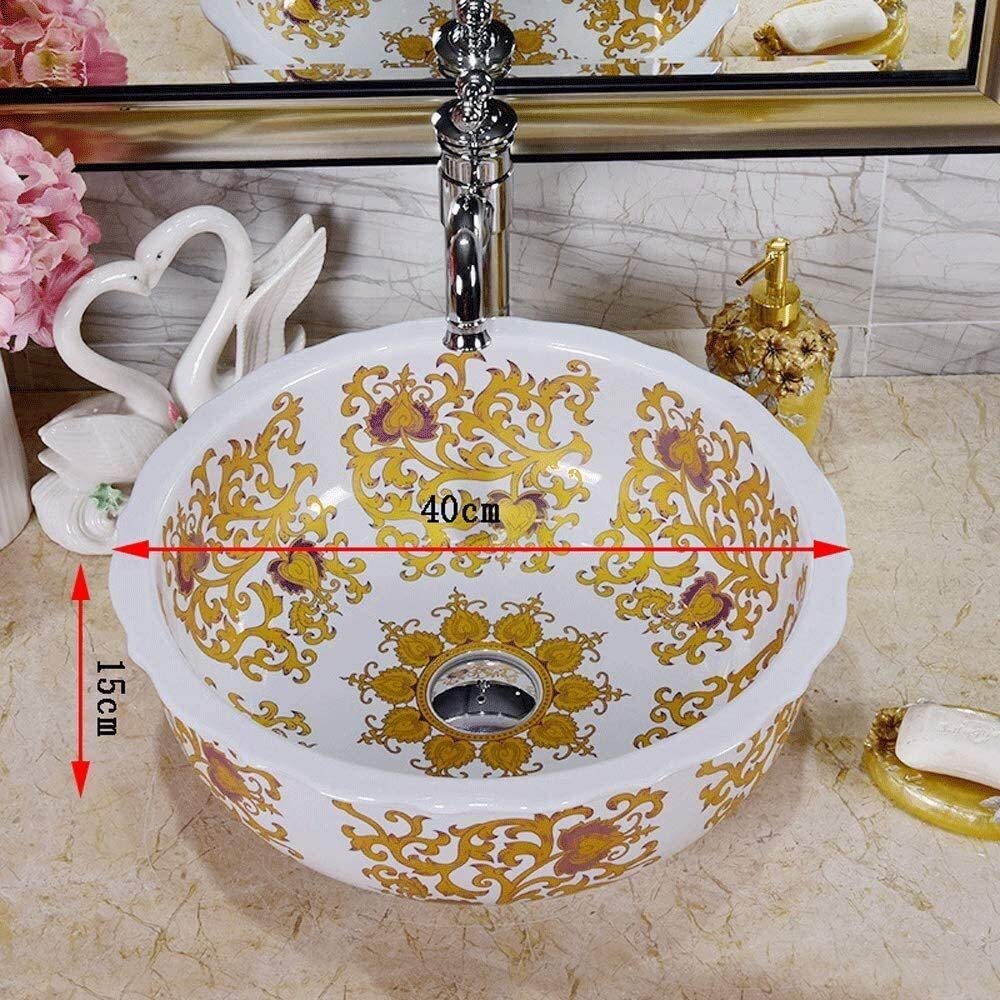 Szafka Pod Umywalkę Z Umywalką, Umywalka Łazienkowa, Umywalka Nablatowa, Ceramiczna Umywalka Łazienkowa W Stylu Vintage, Okrągła, Biała, Porcelanowa, Ręcznie Malowana