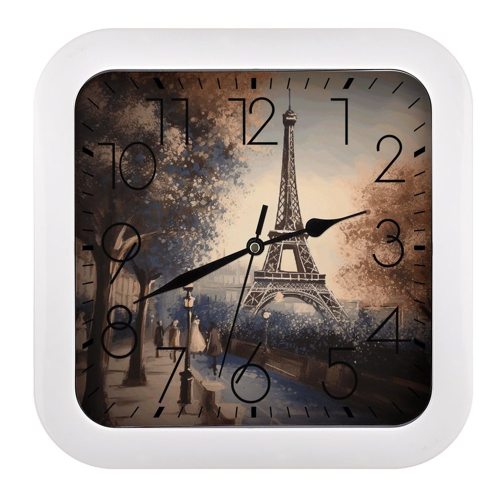 VstaDank Romantic Paris Eiffel Tower Wall Clock Silent Non-Ticking Clocks Modern Frame Square Wall Clocks Battery Operated Analog Clock Home Decor for Living Room Bathroom Kitchen Office 10 in