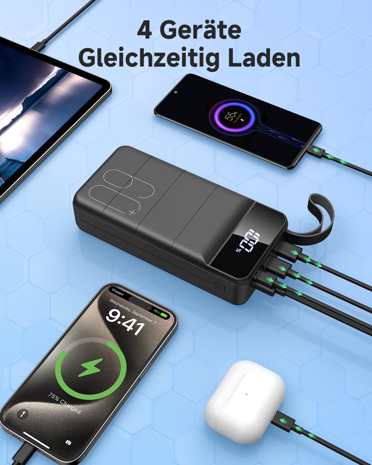 60000mAh Power Bank, 22,5W Powerbank USB-C Schnellladefunktion Externe Akku mit 4 Ausgänge und 2 Eingänge, kompatibel mit Smartphone, Tablets, Tablet usw Schwarz