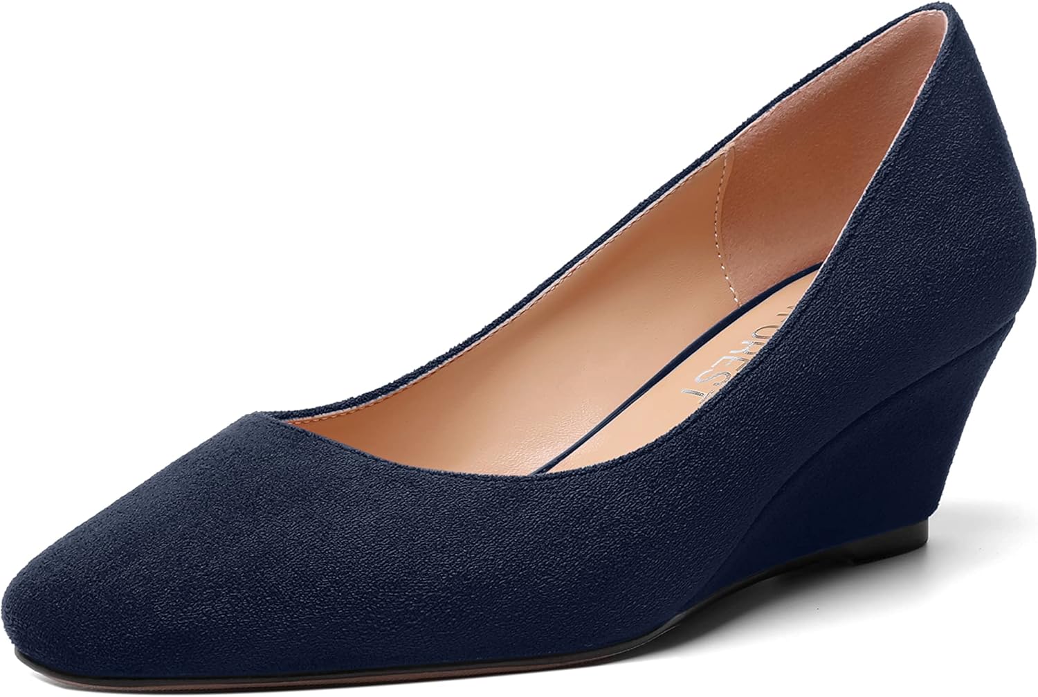 SHOWFOREST Women's 2 Inch Low Heel Casual Square Toe Slip On Solid Outdoor Suede Wedge Pumps Shoes Navy Blue Size 7.5 - Tacon Alto de Mujer