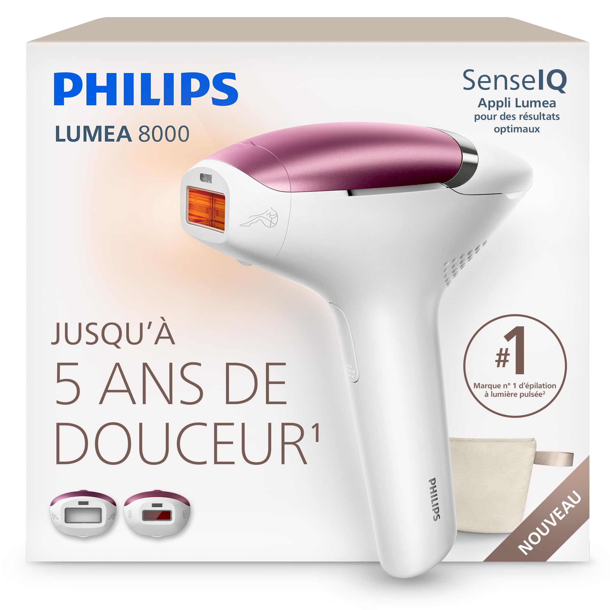 Philips Lumea 8000 Épilateur à lumière pulsée – alternative longue durée au laser en institut, utilisation facile à la maison, sécurité de qualité médicale, 2 accessoires corps et visage, BRI934/00