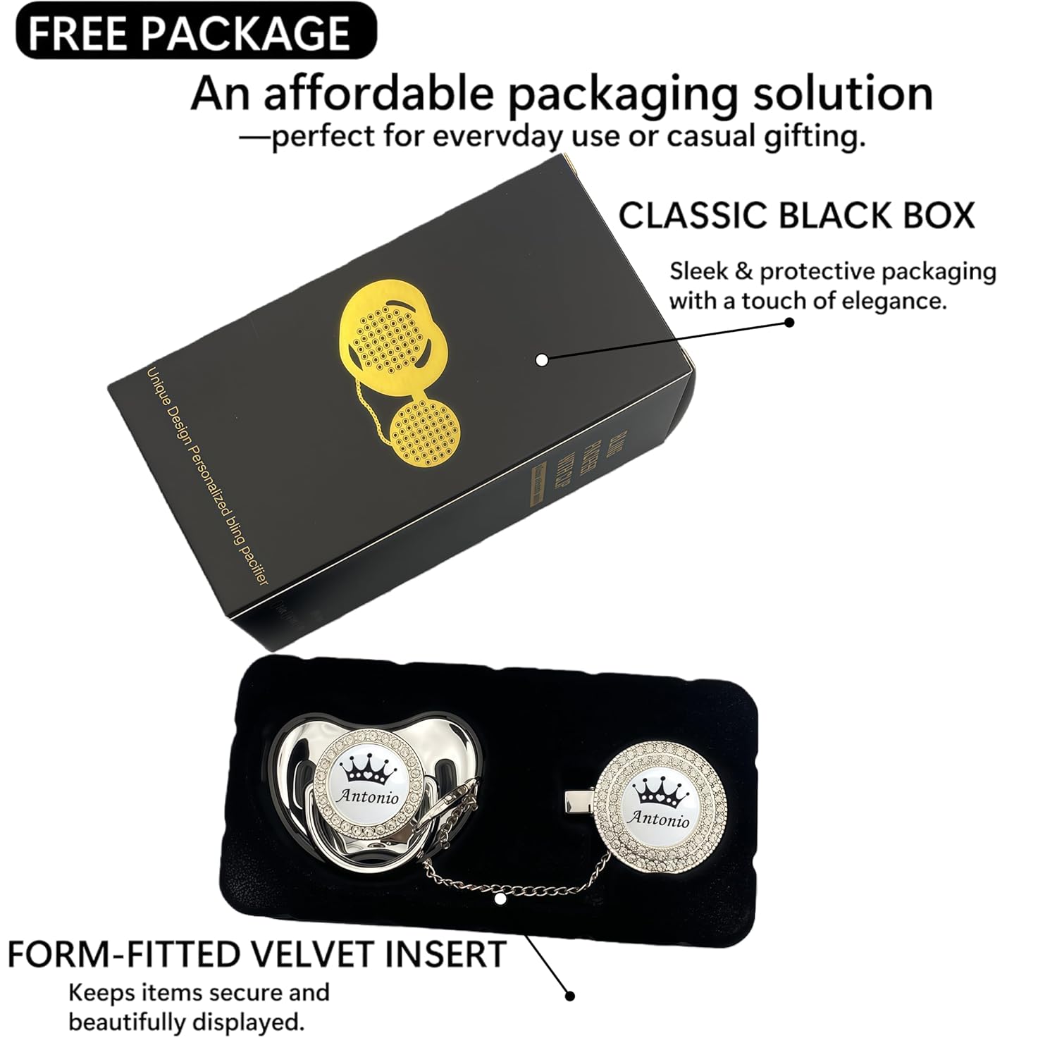 Personalized Bling Pacifier Box and Pacifier Set Unique Gift to New Bron Baby Baby Shower Gift (Silver)