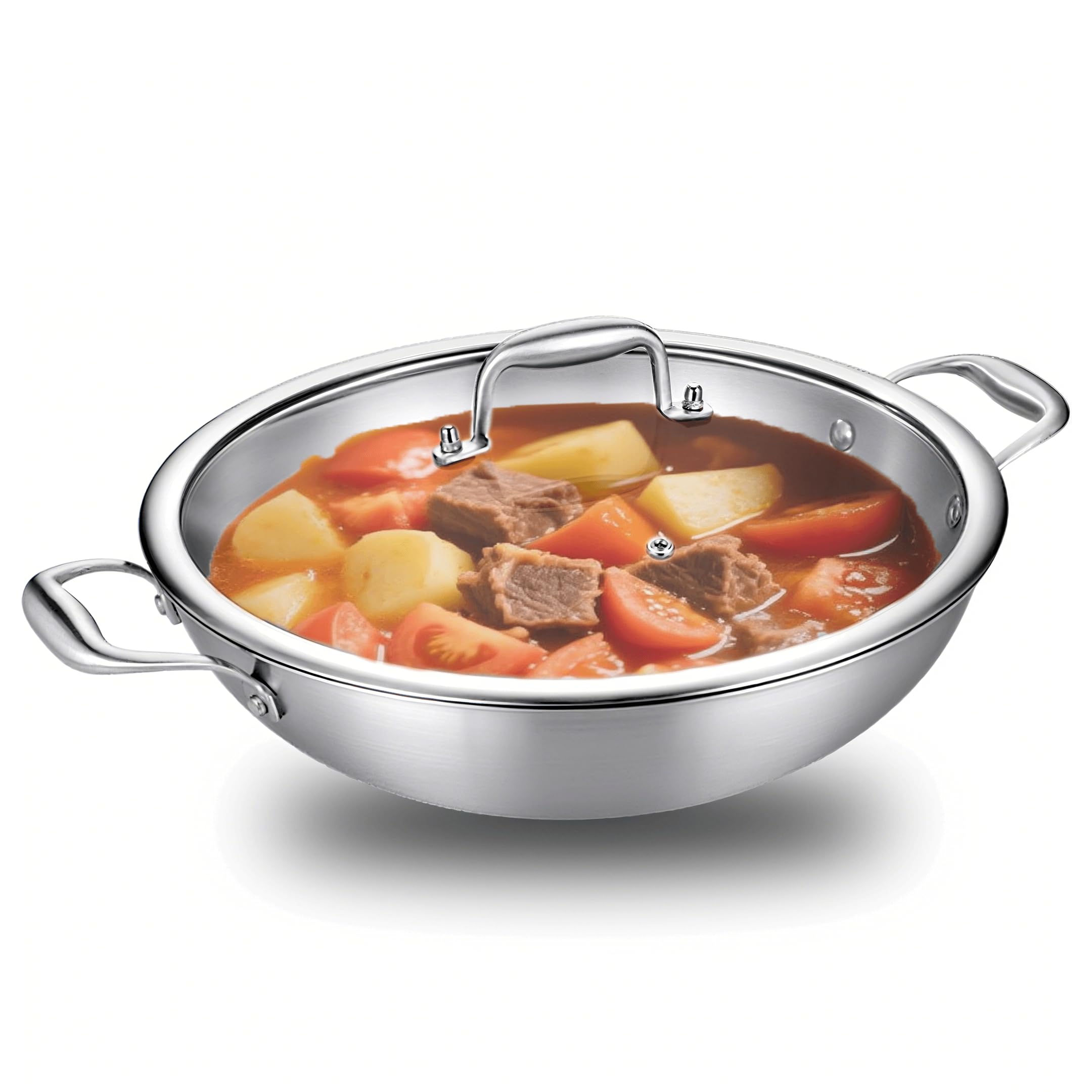 DELARLOCHEF Edelstahl Wokpfannen: Unbeschichtet Pfanne Deckel,752°F(400℃) Backofensicher,Induktion, Gasherd,Hoher Rand,Abnehmbare Griff