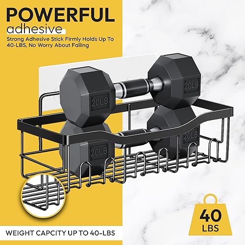 Miniatura 4 de Juego de 5 estantes de ducha grandes de acero inoxidable con 20 ganchos, 2 soportes para jabón y 1 soporte para cepillos de dientes, sin taladrar,