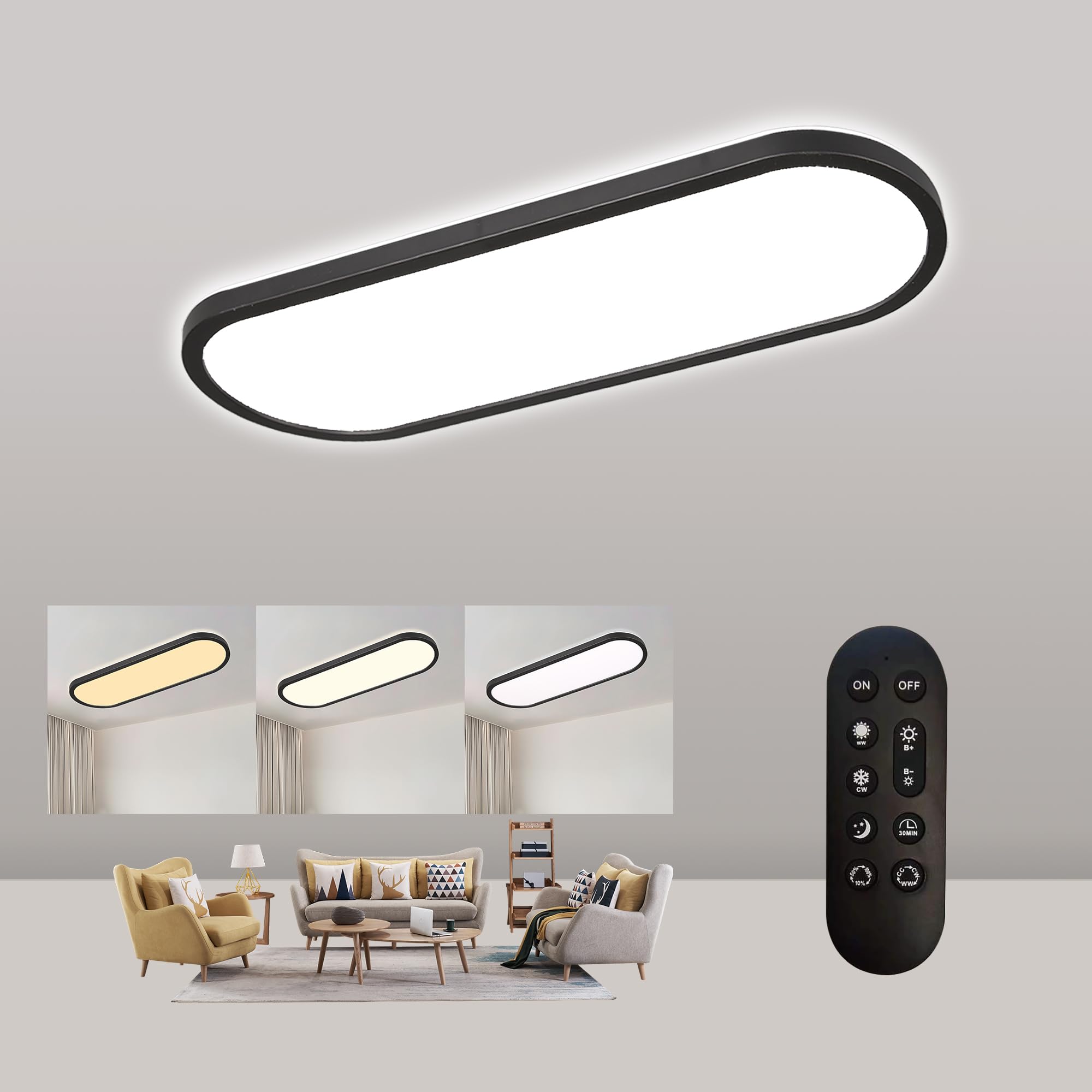 Goodjoo 24W LED Deckenleuchte Dimmbar mit Fernbedienung, 60x20cm 2700K-6500K küchenlampe Deckenlampe schwarz, 3100LM IP44 Oval Badlampe decke LED Panel for Wohnzimmer Schlafzimmer flur Büro