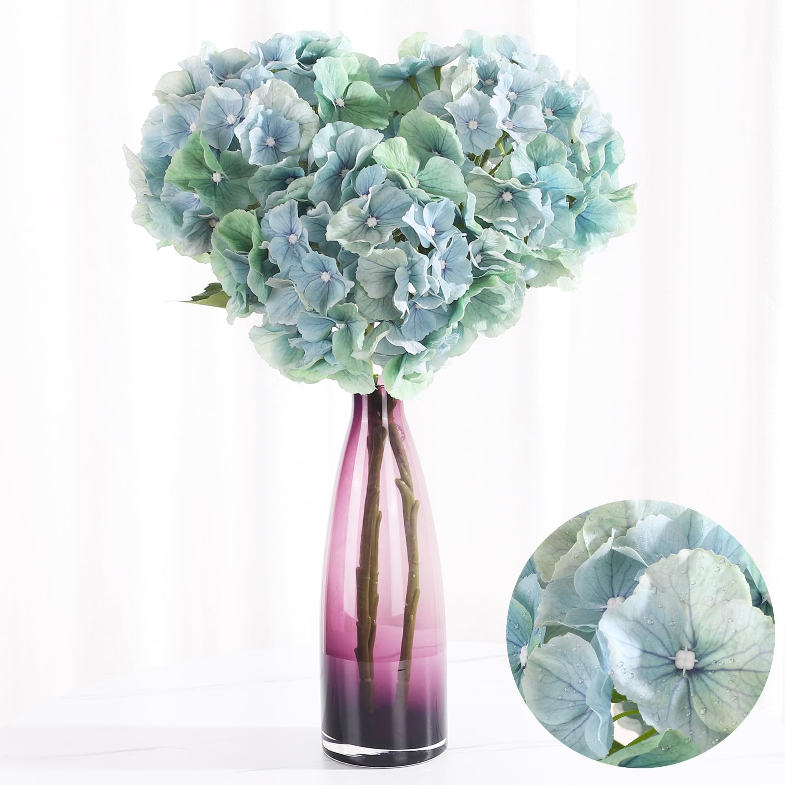 Avoeco Light Green 3Pcs 21” Hydrangea Artificial Flowers, Large Real Touch Hydrangea, Lifelike Faux Blue Hydrangeas, Fake Hydrangea Stems Perfect For Home Decor, Wedding, Party,Centerpiece Decor (Light Green)