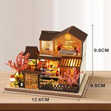 Cuteefun Japanese Izakaya Miniature House Kit, Dollhouse with LED Light | 3D Wooden Puzzle, Handmade Craft, Exquisite Home Decor, Creative Gift for Christmas Birthday (Cherry Blossom Courtyard)