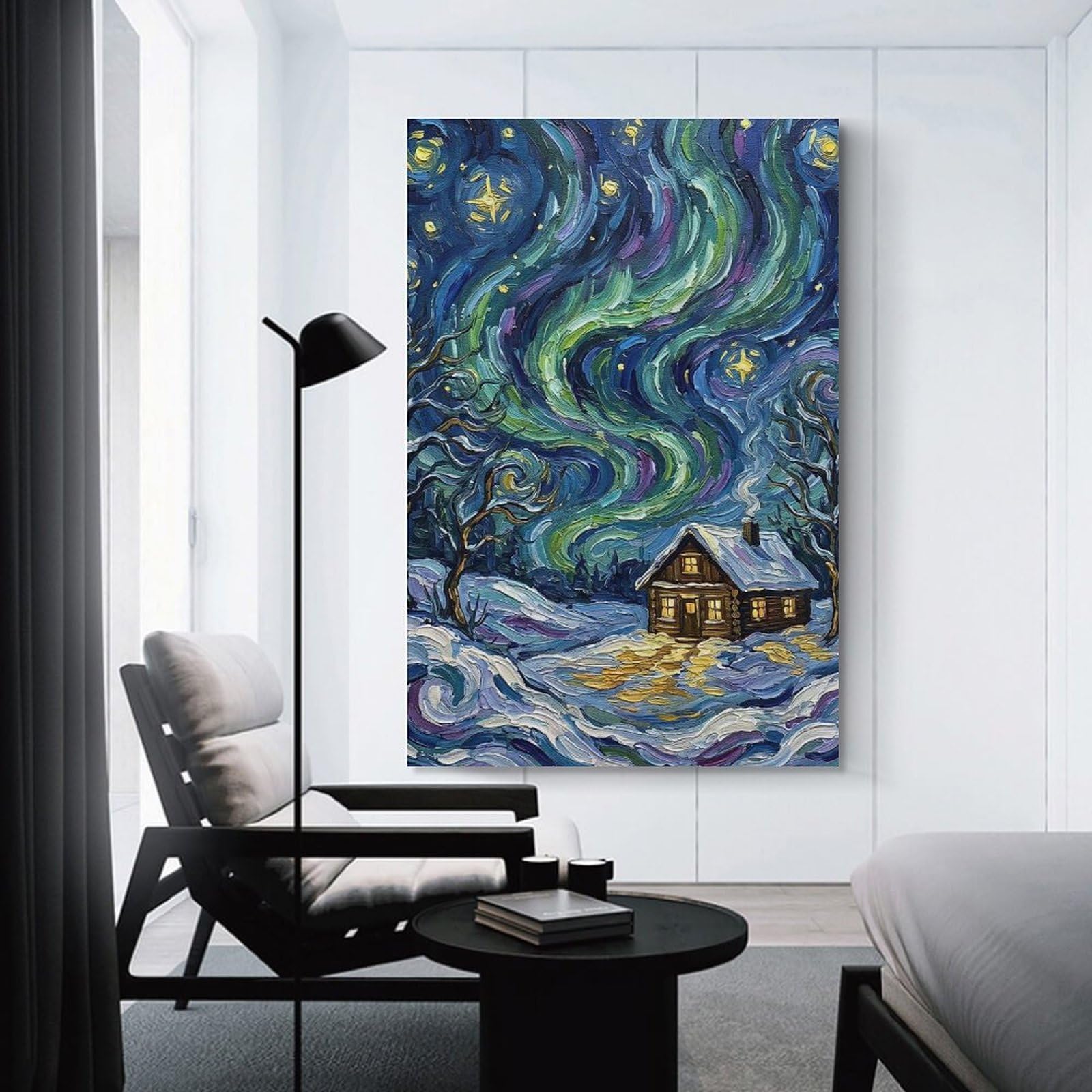 Junmoney Winter Cabin Under Aurora Borealis Painting Wall Art Print, 12x18inch(30x45cm), for Study, Office Or Focused Interiors, Home Office Artwork with Decorative Appeal