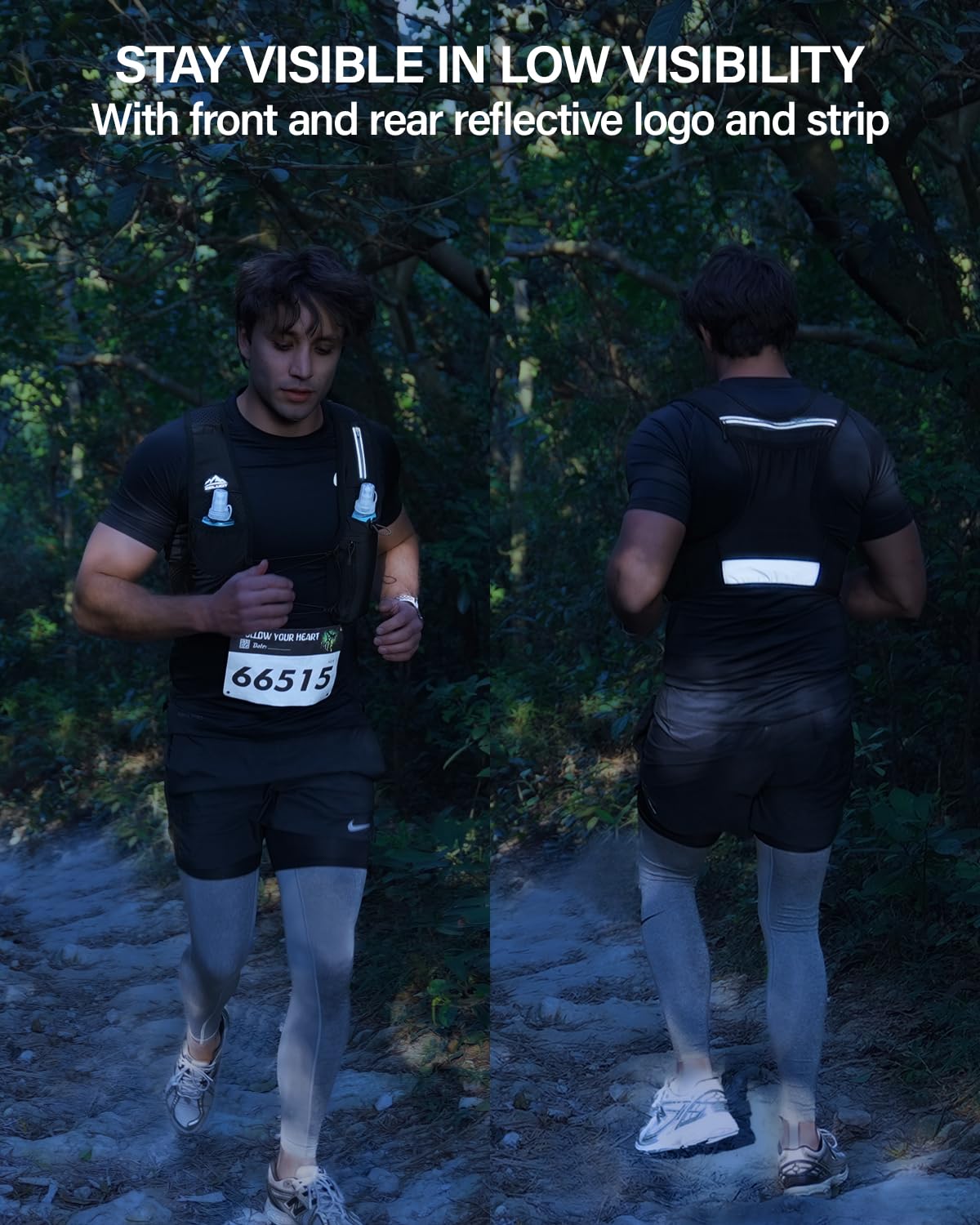 Zelvot Chaleco para correr para hombre y mujer con botella de agua de 500 ml, patente original europea, correas de pecho ajustables, ultraligero y transpirable, chaleco reflectante para correr, para