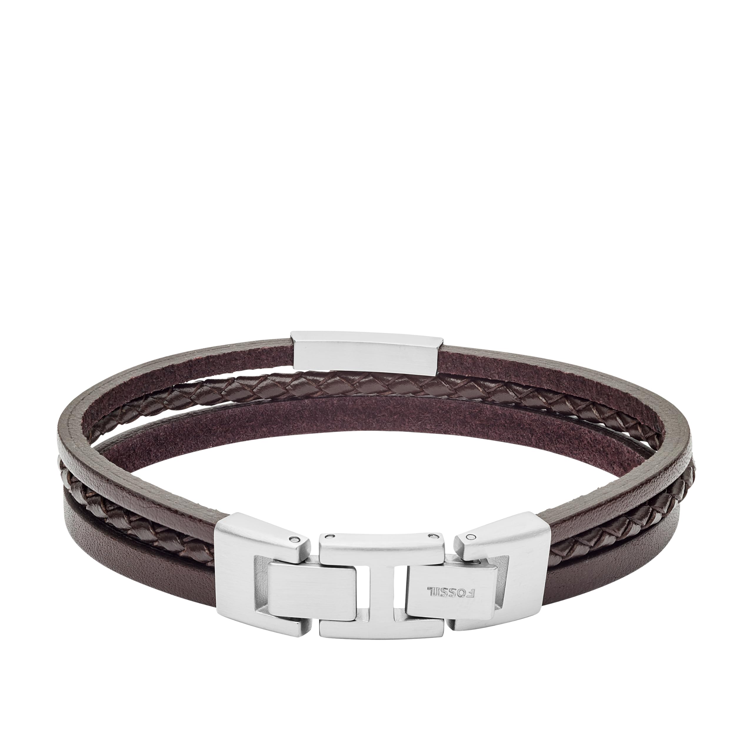Bracciale multifilo in acciaio tonalità argento e pelle marrone