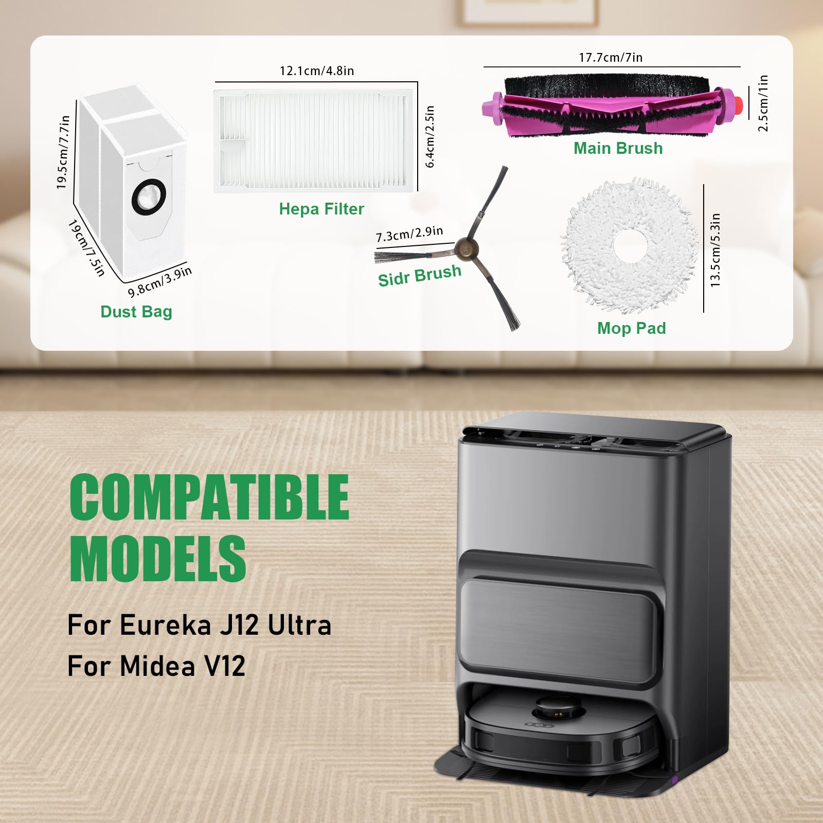Zestaw akcesoriów do Eureka J12Ultra / J12 Ultra, do odkurzacza Midea V12, część zamienna, szczotka rolkowa, 4 ściereczki do wycierania, 2 worki, 4 szczotki boczne, 2 filtry, szczotka do