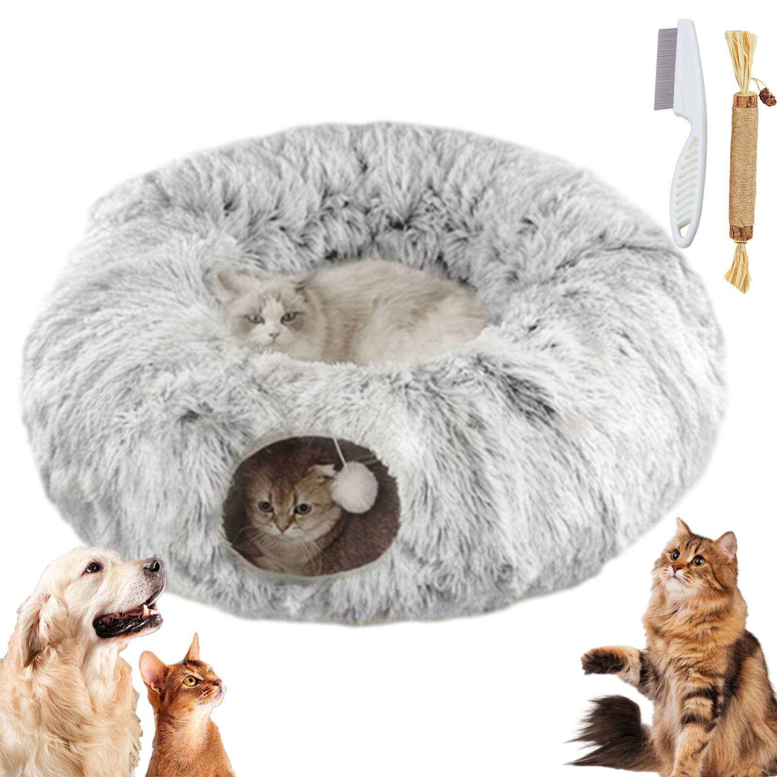 Túnel de gato Nirvana, túneles para gatos de interior, cama de túnel de felpa con bolas de juguete y almohadillas lavables, tubo de túnel multifuncional para gatitos y cachorros de conejo (gris, talla