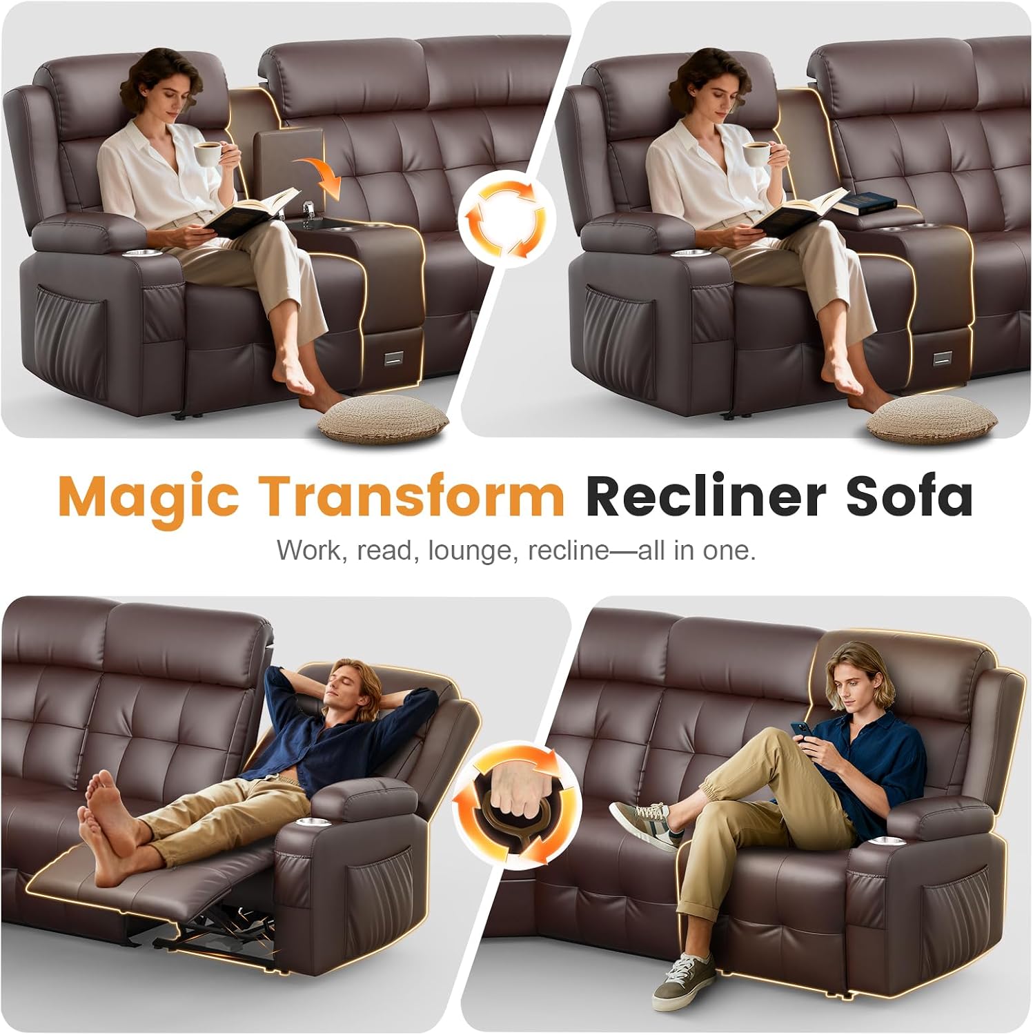 L-Shaped Reclining Sectional Sofa Faux Leather Home Theater Seating with Console