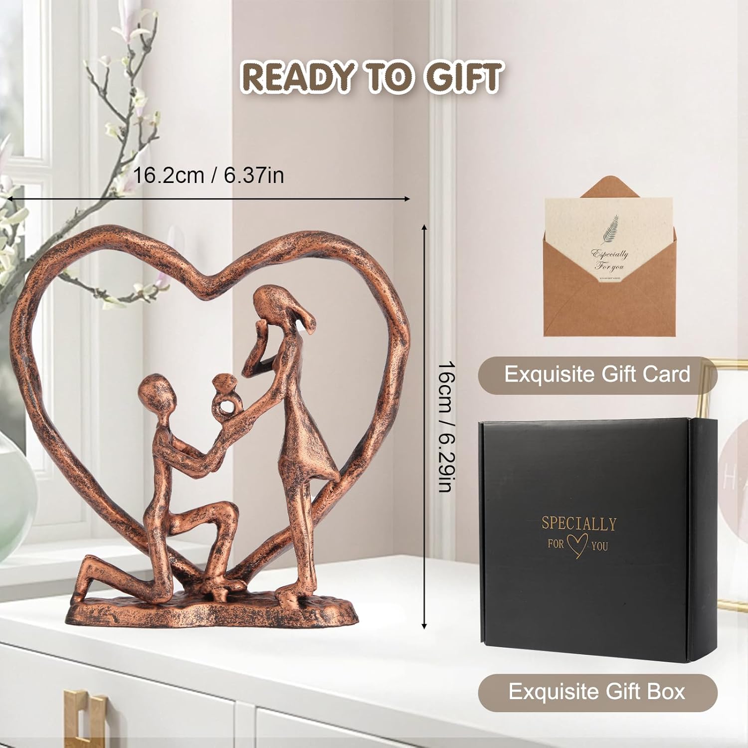 Anniversary Wedding Gift for Couple Her Wife Husband，Antique Bronze Metal Couple Figurine Heart Sculpture Love Statue,Romantic 1st to 60th Anniversary,Valentines Gifts，Includes Present Box & Gift Card