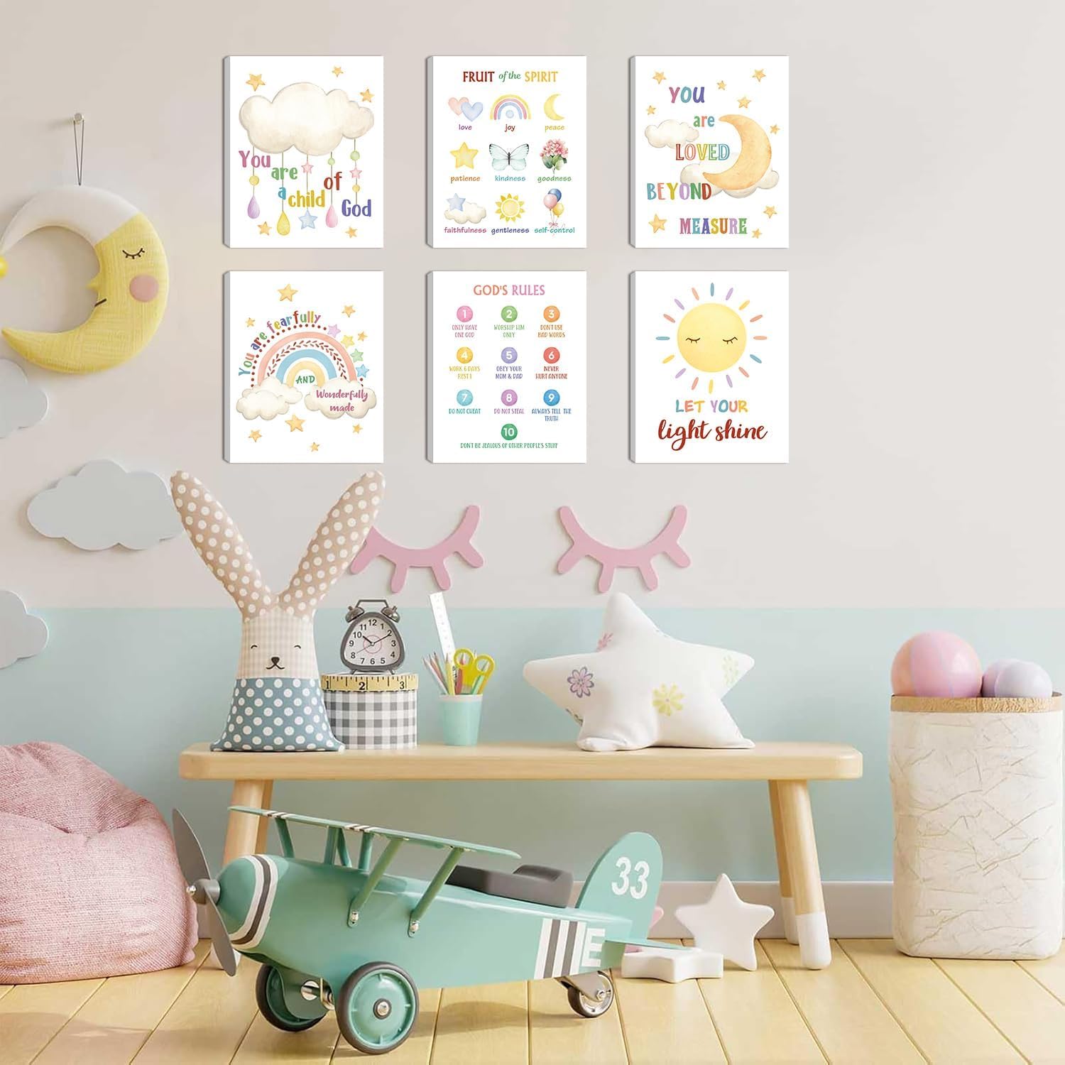 HPNIUB Framed Kids Bible Verse Canvas Wall Art,Inspirational Quotes Christian Nursery Wall Decor,Christian Gifts For Kids,Rainbow Sunshine Scripture Wall Art For Bedroom Sunday School(20x25cm) - Image 3