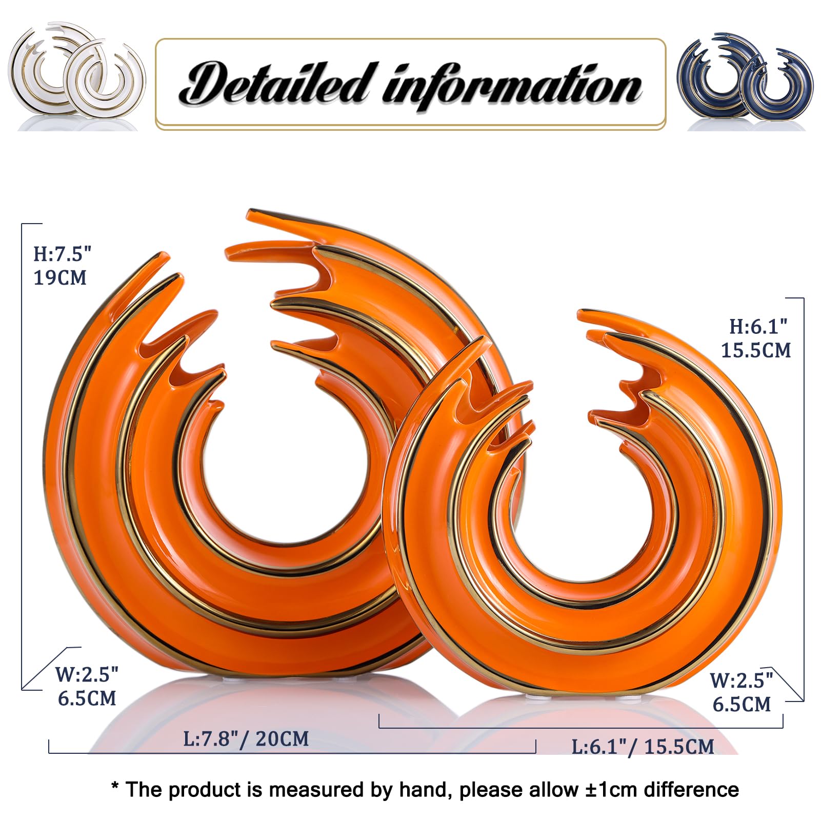 Ceramic Round Line Vase Set of 2 Golden Modern Home Decorative Vase Set (Gilt Lineâ€”Orange Gold)