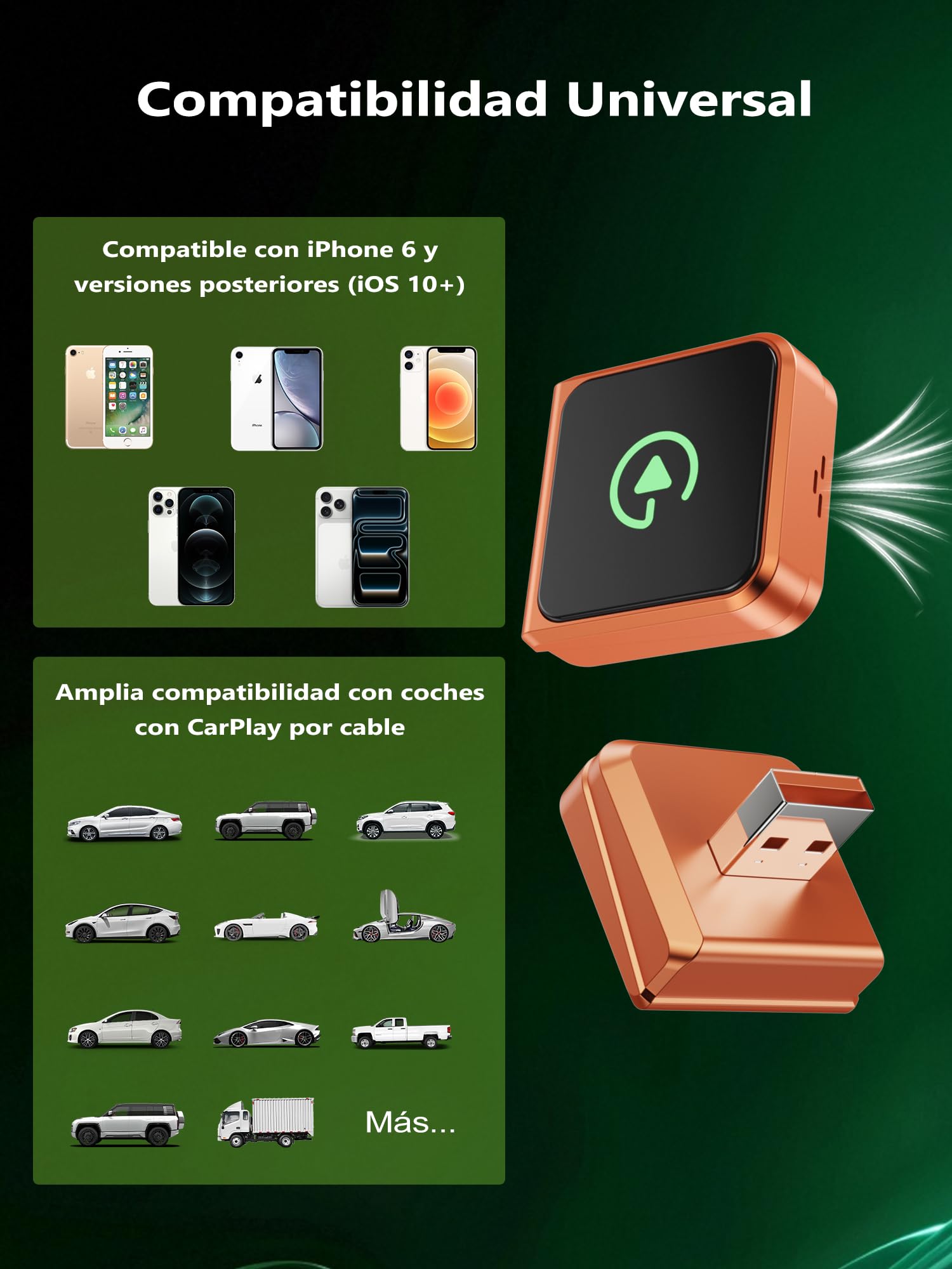 CarPlay Inalámbrico Android Auto Inalámbrico: Adaptador 2 en 1 Mini con Conexión Rápida Automática, Plug & Play, USB-A/C, WiFi Dual 2.4/5GHz, Auto Reconexión, Compatible iPhone iOS 10+ & Android 11+