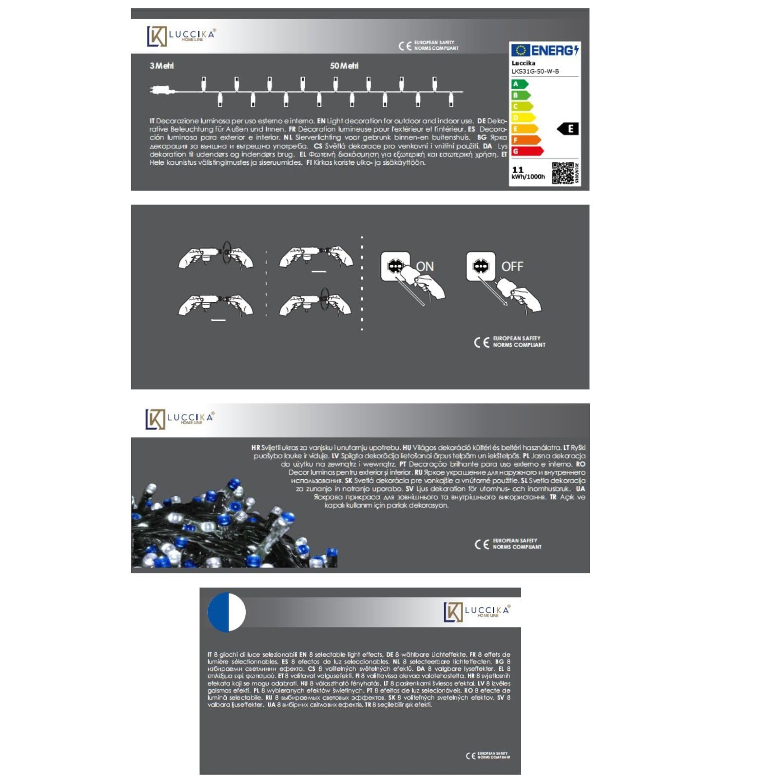 Luci LED Natalizie da Esterno/Interno, 5mm, Cavo Verde, 8 Modalità, Controller 31V con Memoria, IP44 (Bianco Ghiaccio + Blu, 50M 1000LED)