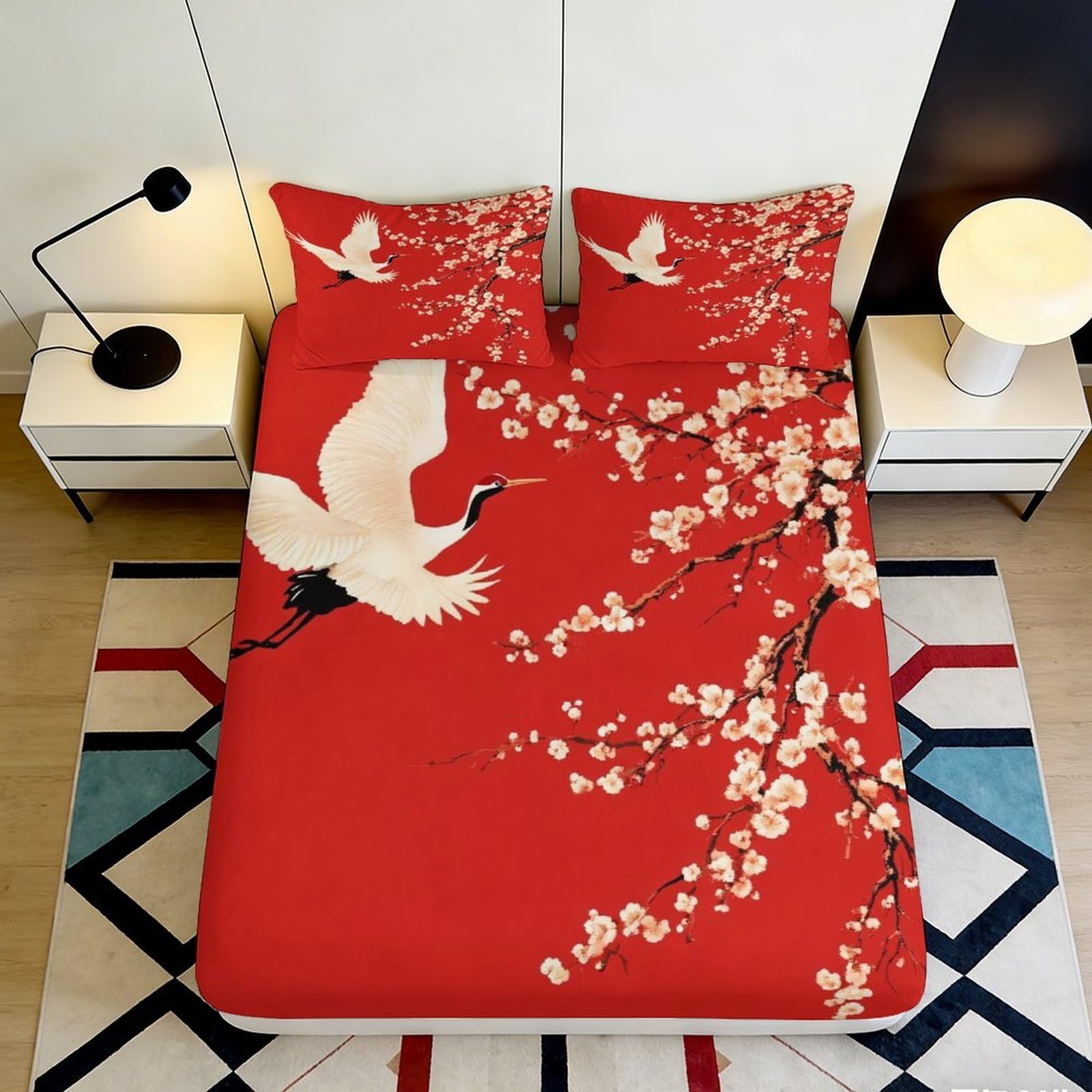 3D Printed Red Crane Blossom Fitted Sheet Microfiber Soft Breathable Cherry Flower Mattress Cover for Bedroom Dorm Decor 160x200x25cm