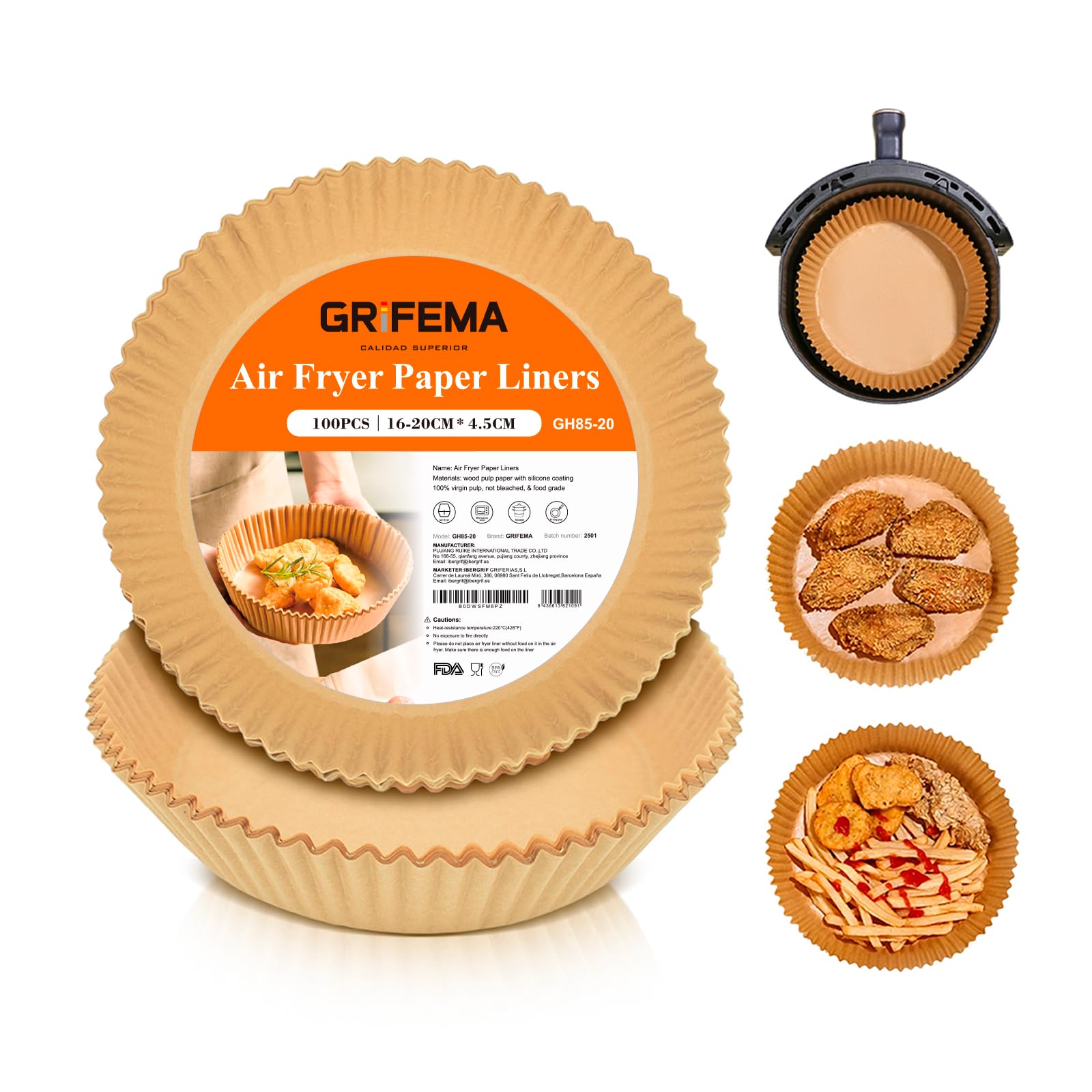 GRIFEMA Papel Freidora Aire 100 Piezas, Papel para Freidora de Aire Redondo sin BPA, 16-20cm, Antigrasa, 2.2 a 4.5 L, Air Fryer Papel para Air Fryer