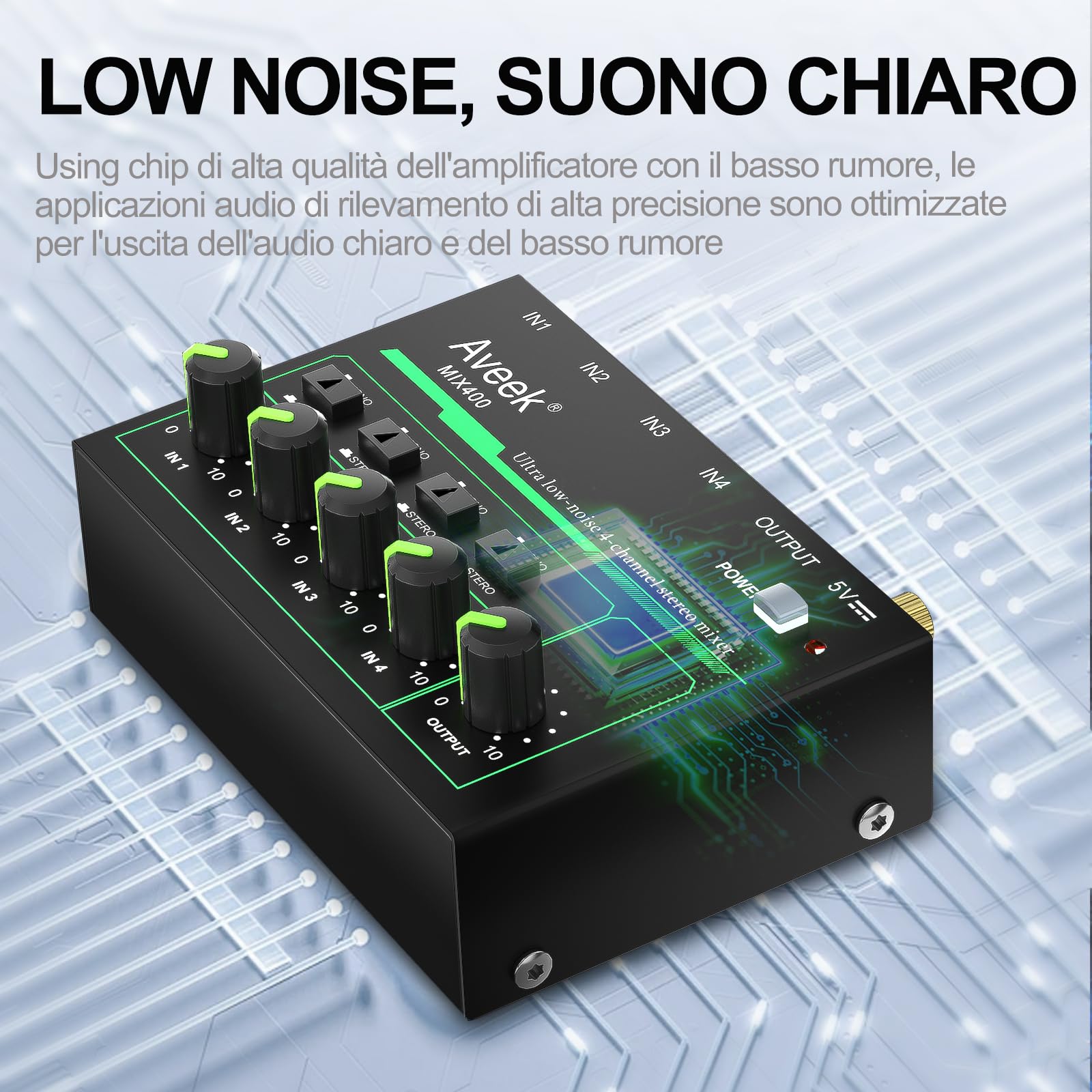 Aveek Mini Line Audio Mixer - Mixer audio piccolo a 4 canali con commutazione stereo/mono e funzionamento a basso rumore per sub-missaggio di precisione, ingresso/uscita TRS da 1/4", ideale per