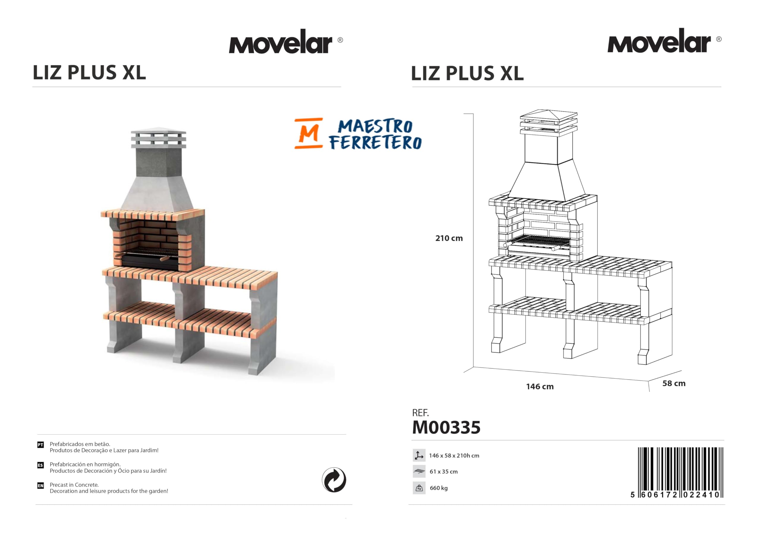 MOVELAR - Barbecue en Béton Préfabriqué au Bois et au Charbon Modèle Liz Plus XL (Gris et Orange - 146 x 58 x 217 cm) REF: M00335 - Cuisine d'Extérieur pour Jardin et Terrasse