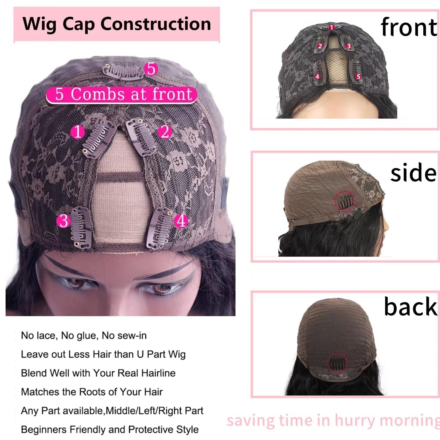 24 Inch V Part Human Hair Wig 12A Straight Human Hair Wigs For Black Women Upgrade U Part Wig Human Hair 150% density Glueless No Sew in Beginner Friendly Black Color - Image 3