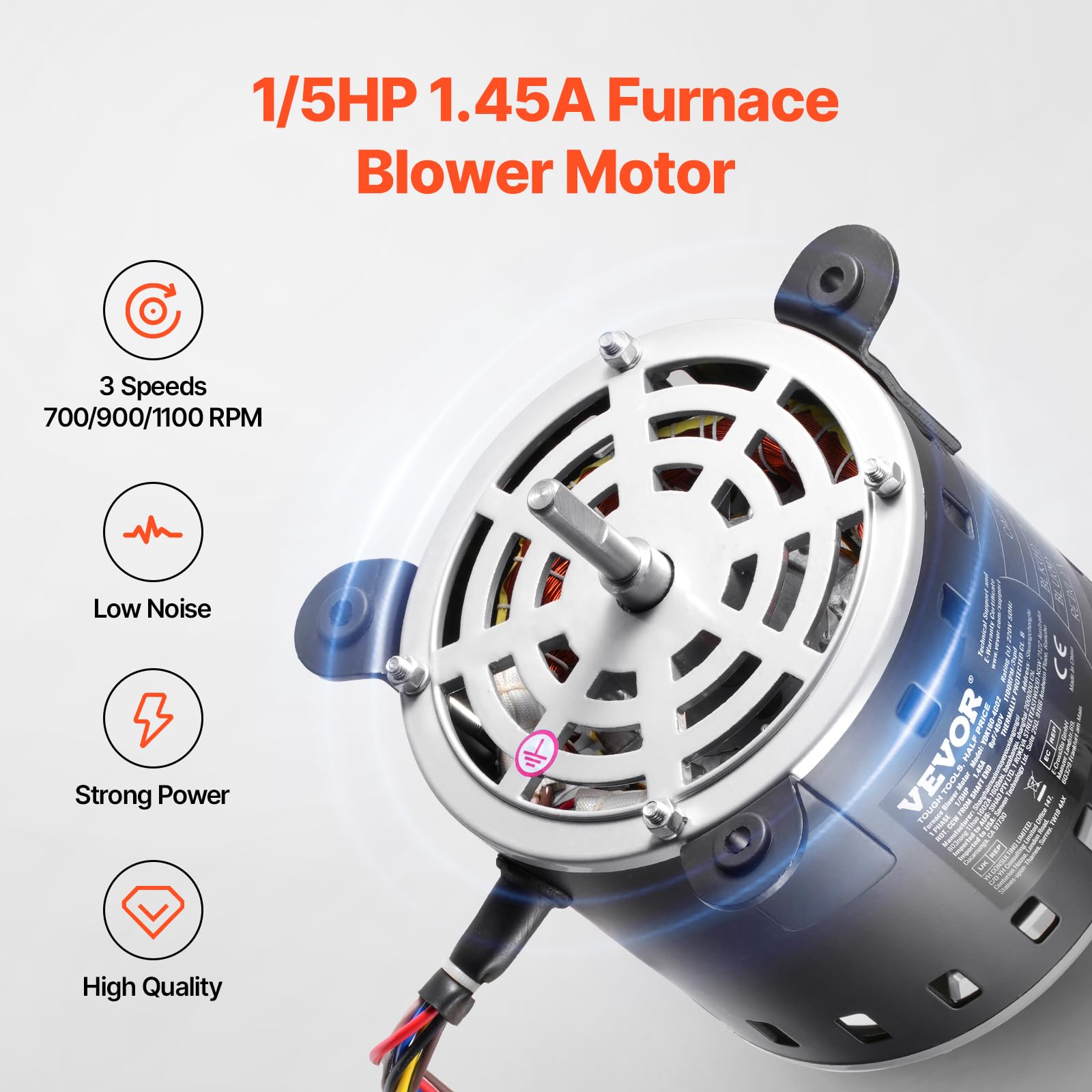 VEVOR Moteur Ventilateur Four, 1/5 CV, 1,45 A, 3 Vitesses 1100/900/700 tr/min, Diamètre d'Arbre 10 mm, Longueur d'Arbre 20 mm, ROT CCW à Partir de l'Extrémité de l'Arbre, Condensateur CBB60 8 μF/450 V