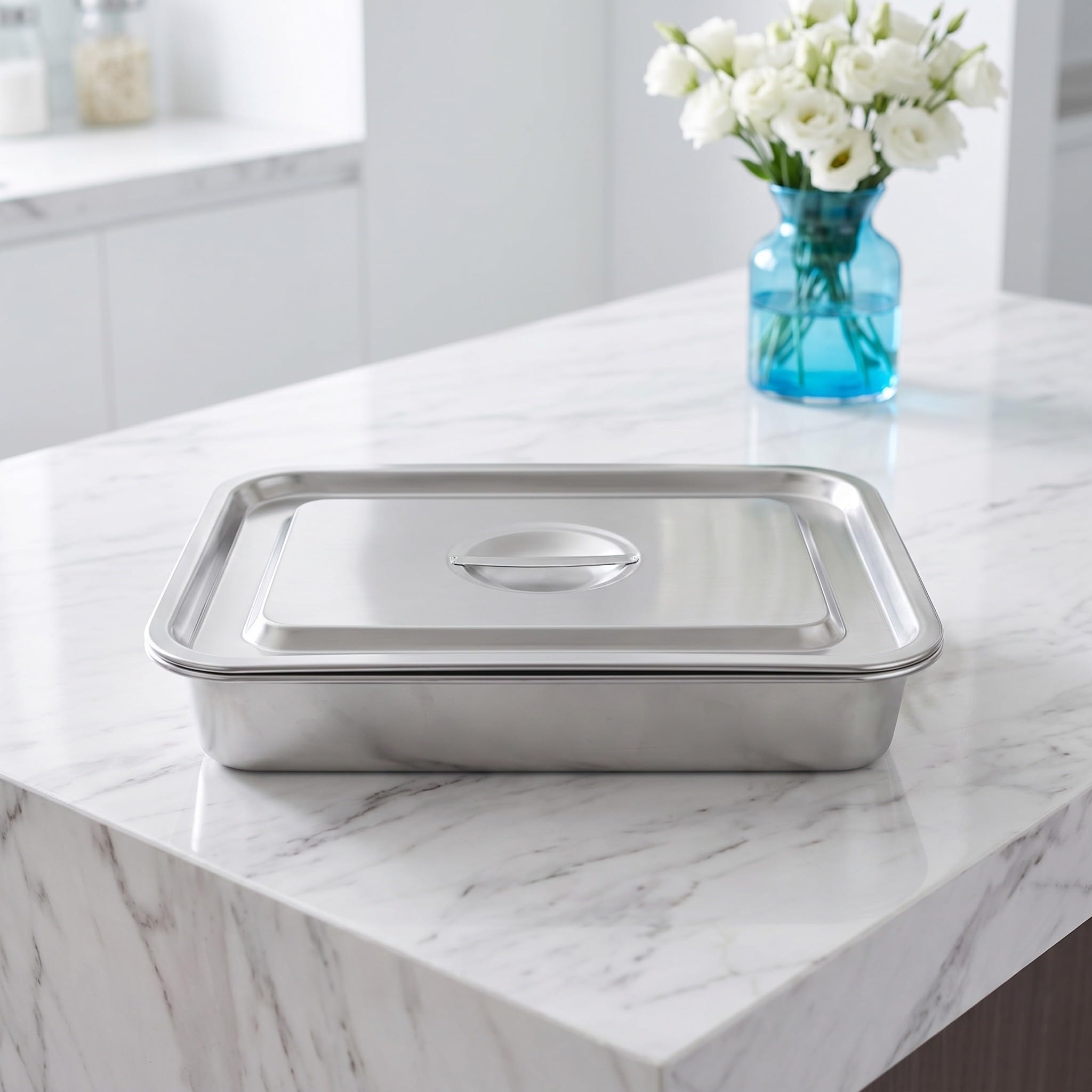 Bandeja de acero inoxidable para buffet con tapa: Bandeja para alimentos de catering - Plato rectangular de 40,6 x 30,5 x 7 cm para servicio de buffet, apta para alimentos para uso doméstico