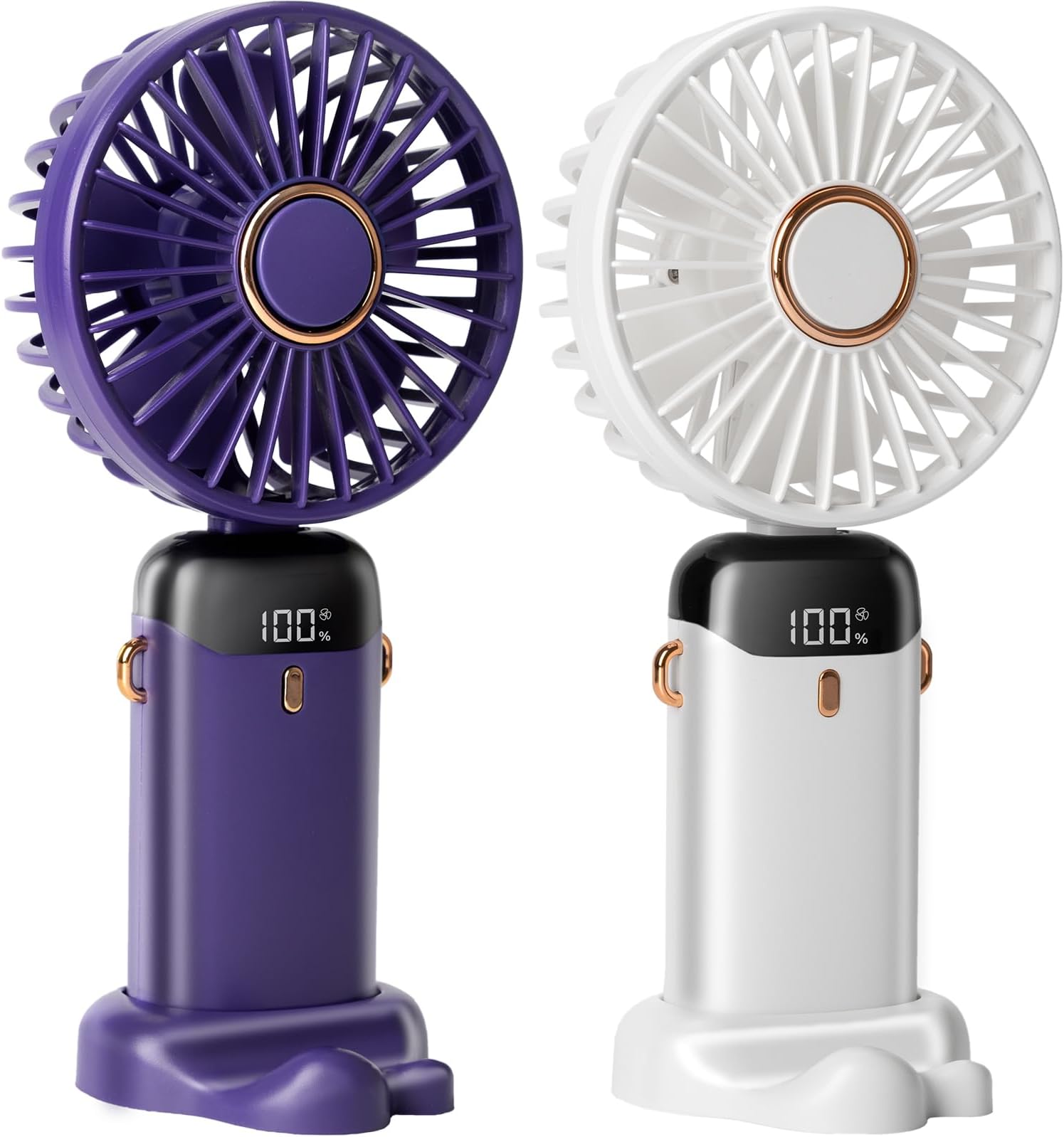 2 PCS Portable Handheld Fan, 12 hours Upgrade 3200mAh Mini Fan with Stand, 90° Foldable, 5 Speed Wind,Hand Held/Neck/Desk 3 in 1 Personal Small Fans, Makeup Fans for Women (Purple, White)