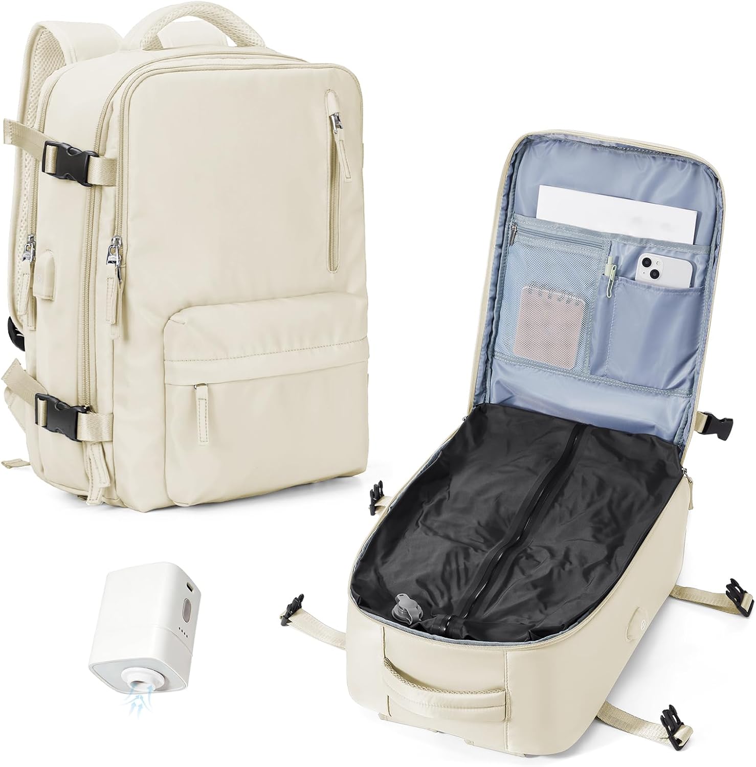 WONHOX Vacuum Seal Backpack for Travel with Air Pump Compression Daypack Personal Item Carry on Flight Approved Vacpack Laptop Space Saver Bags Storage with Vacuum System Travel Bag Women Men Beige