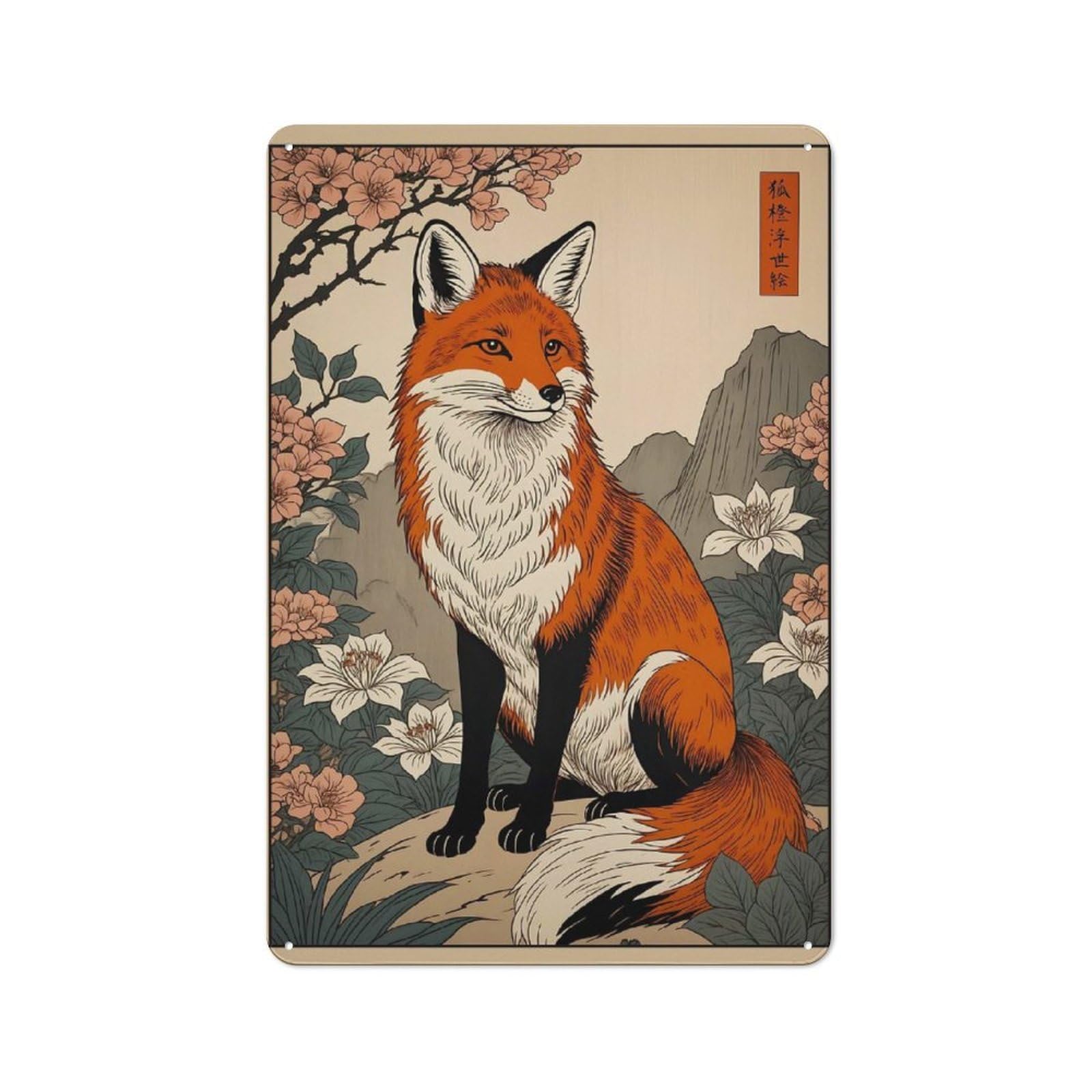 Junmoney Japanese Art Kitsune Retro Metal Sign 30X20cm Featuring Home Bar Decor For Pub, Home Bar, Shed Or Man Cave